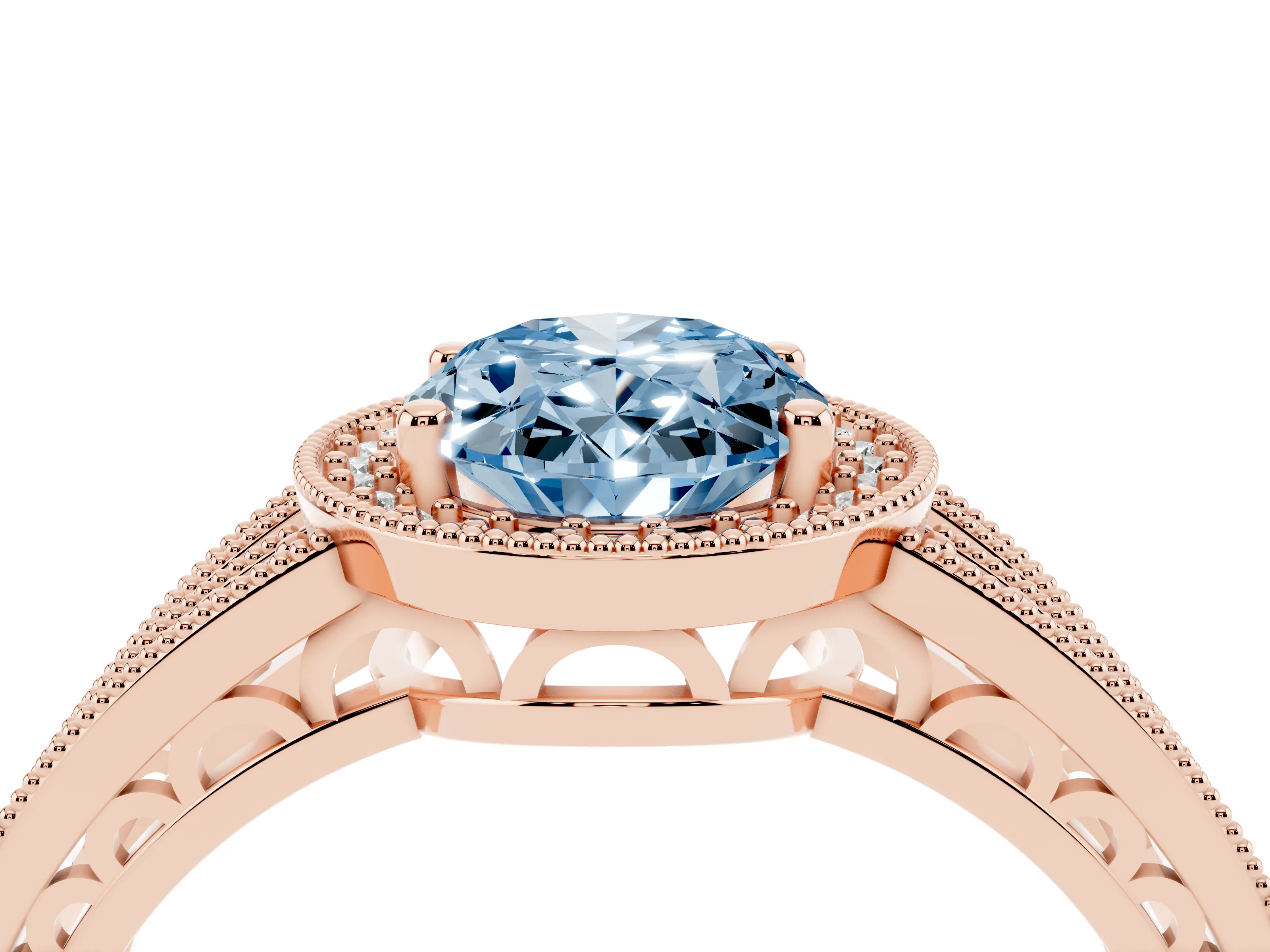 Fancy Blue Oval Cut Diamond Halo Ring Set in Rose gold with Accent Split Shank and Prong Setting