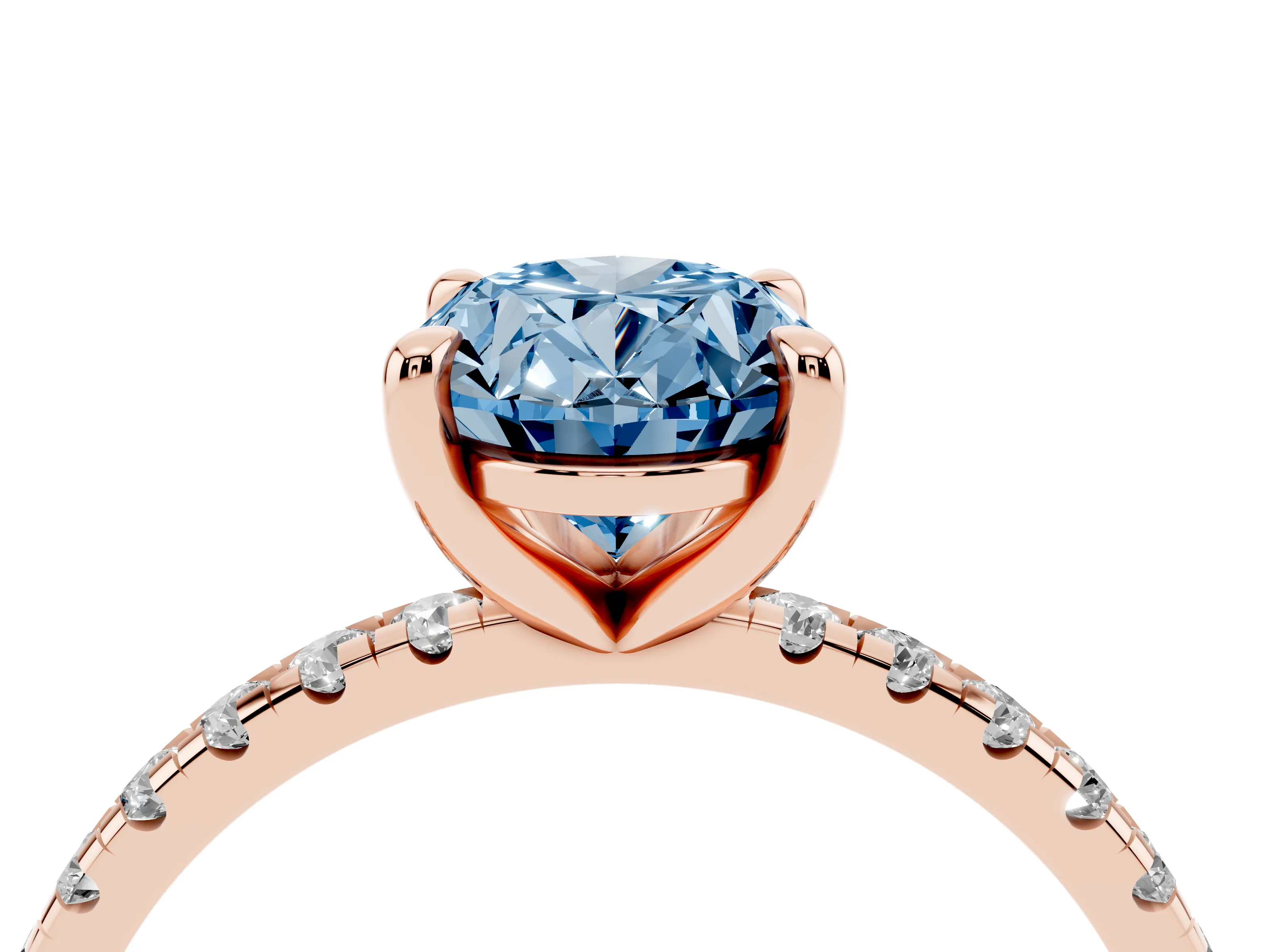 Fancy Blue Oval Cut Diamond Brilliant Solitaire Ring Set in Rose gold with Pavé Band and Prong Setting