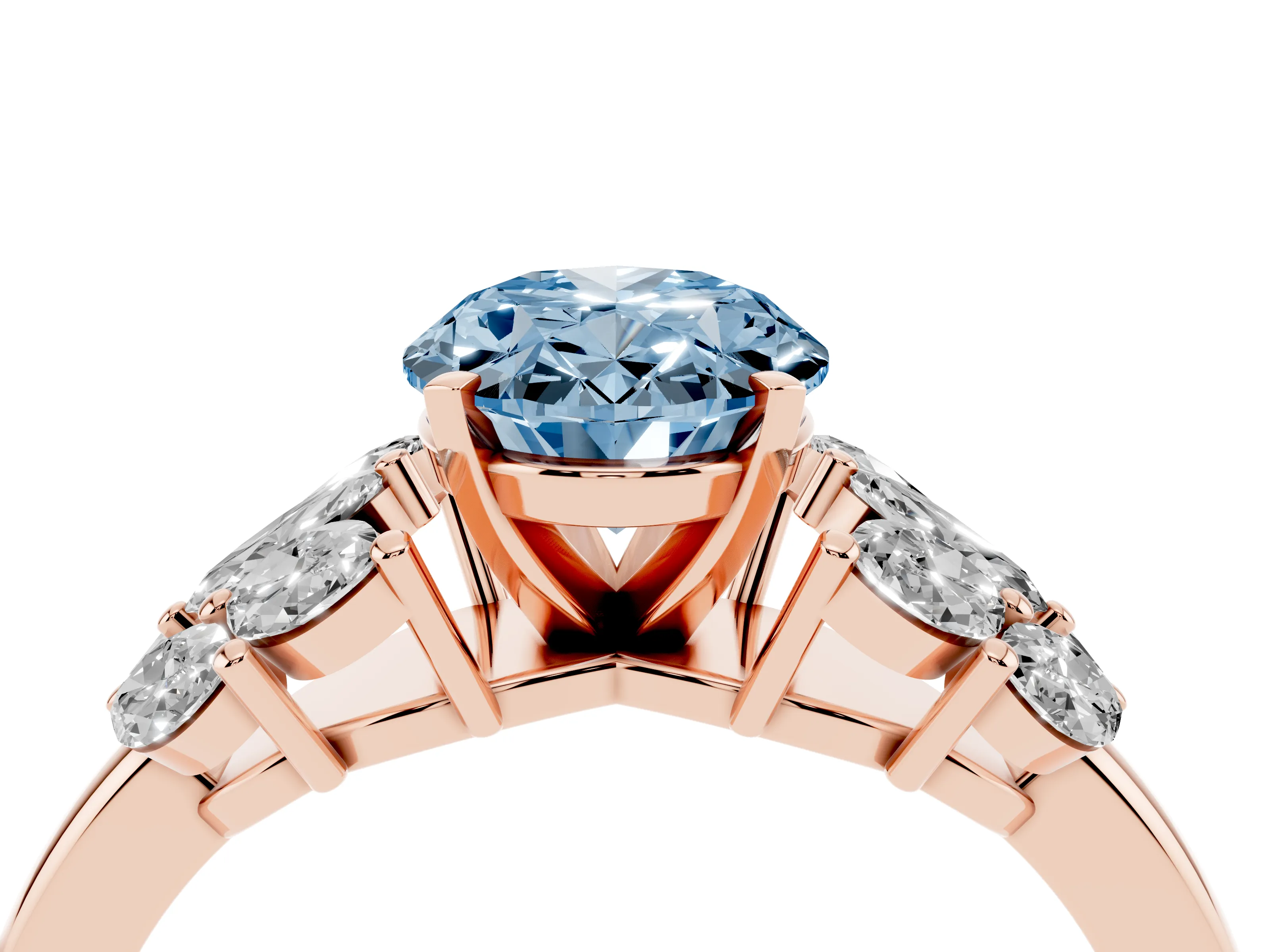 Fancy Blue Oval Cut Diamond Cluster Leaf Design Ring Set in Rose gold with Prong Setting