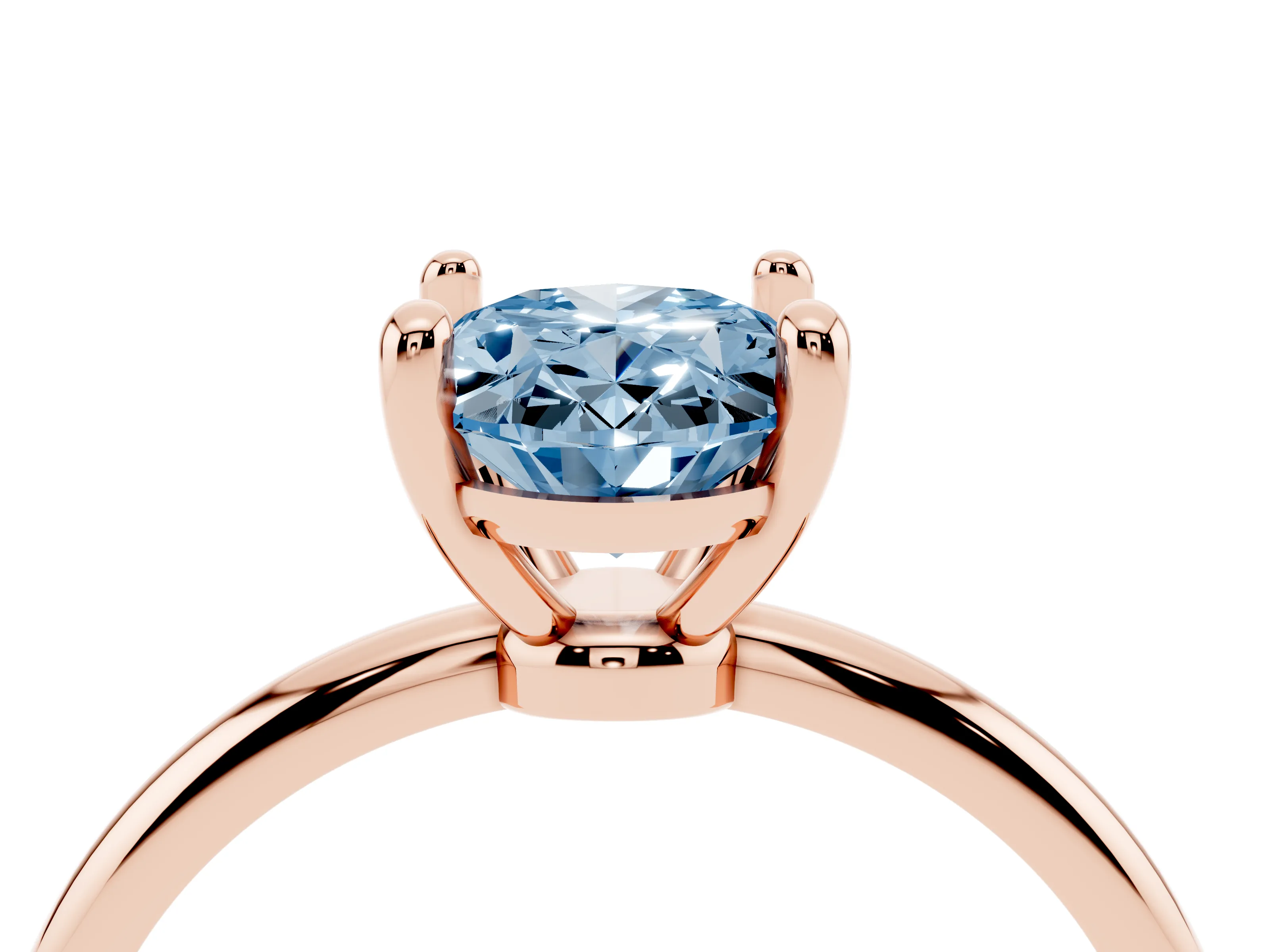 Fancy Blue Oval Cut Diamond Solitaire Ring Set in Rose gold with Secure Prong Setting on a Classic Band