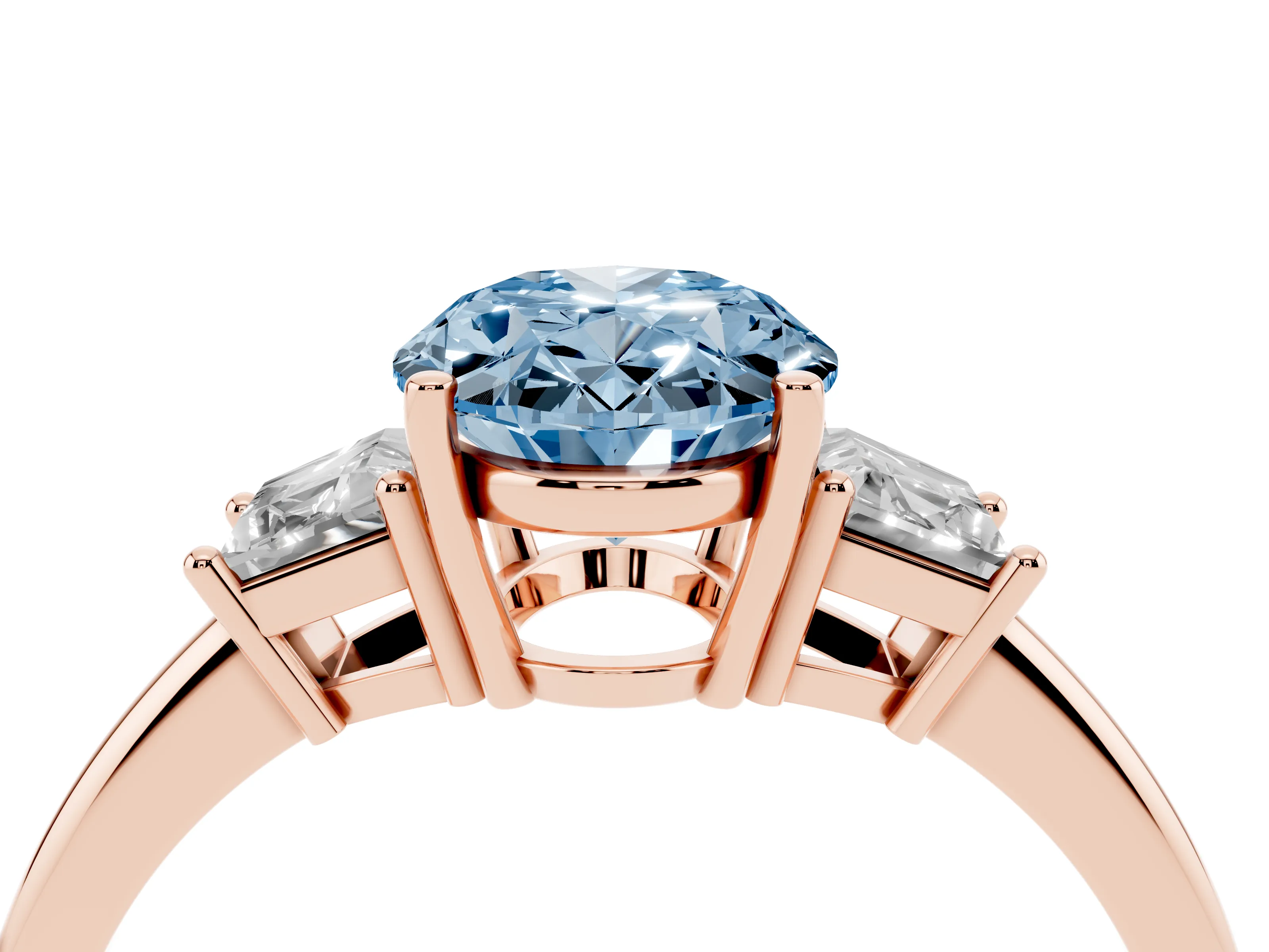 Fancy Blue Oval Cut Diamond Three-Stone Ring Set in Rose gold with Trapezoid Side Stones and Prong Setting