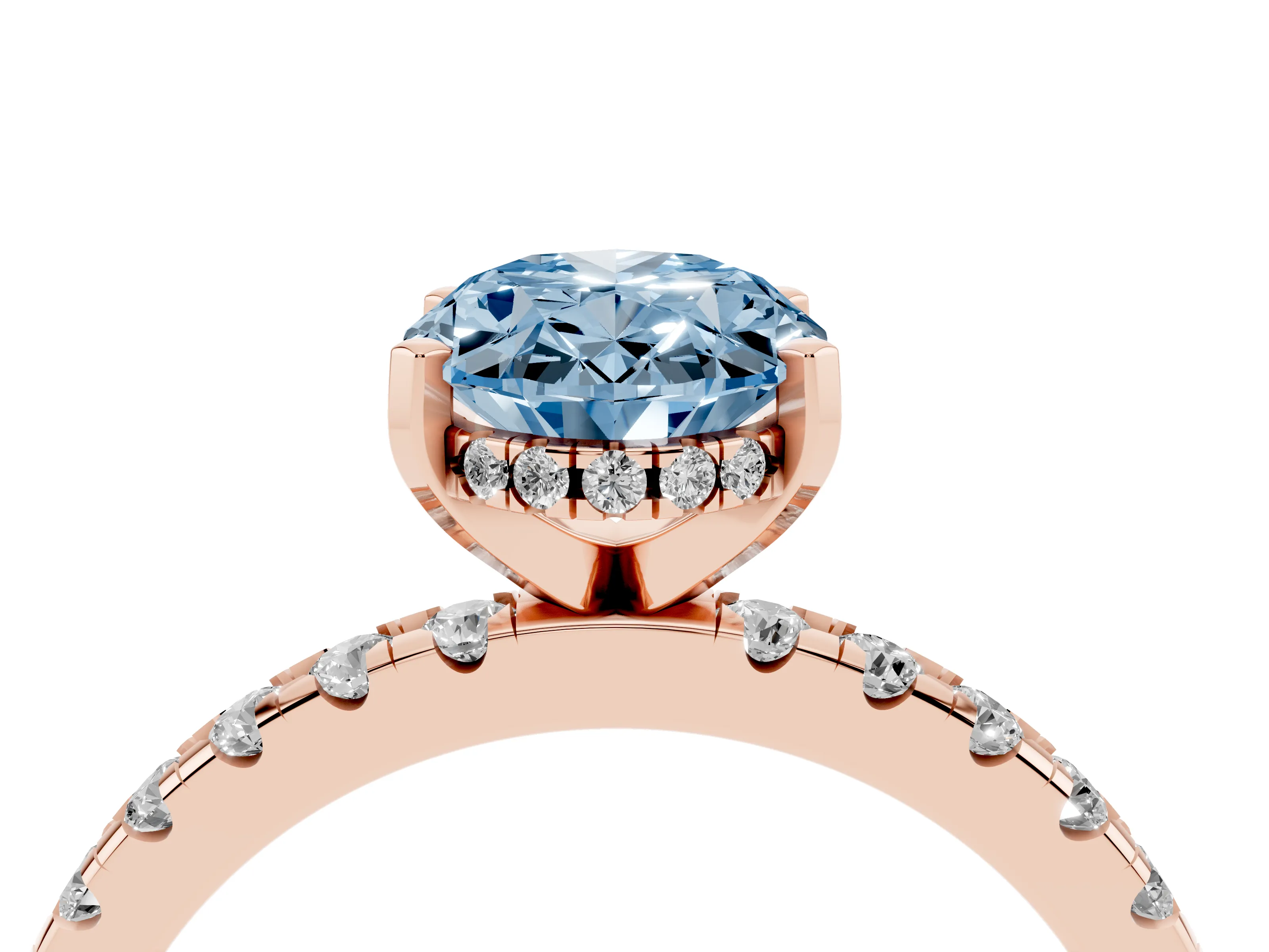 Fancy Blue Oval Cut Diamond Pavé Solitaire Ring Set in Rose gold with Round Band Accents and Prong Setting