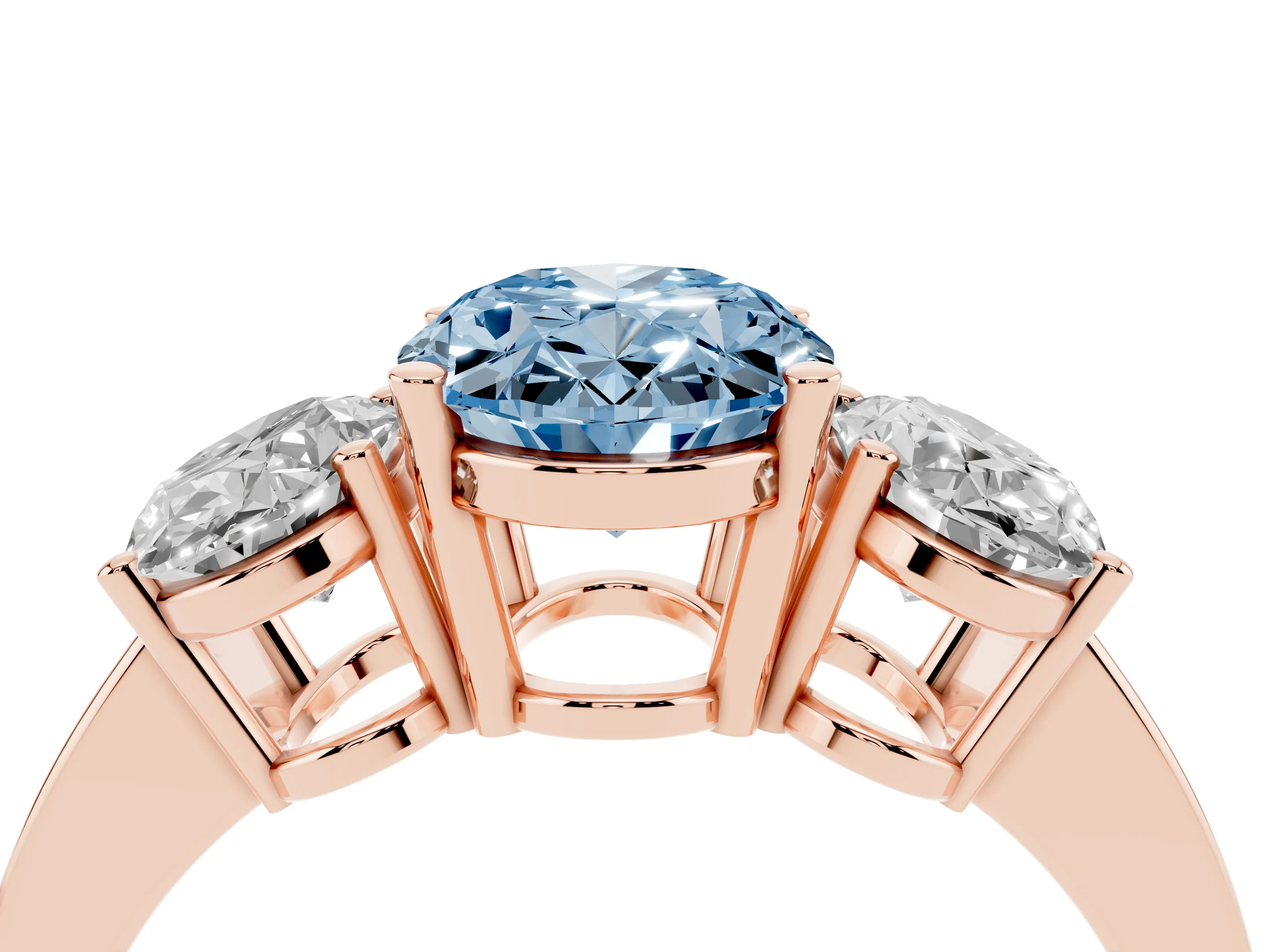 Fancy Blue Oval Cut Diamond Three-Stone Engagement Ring Set in Rose gold with Flat Band