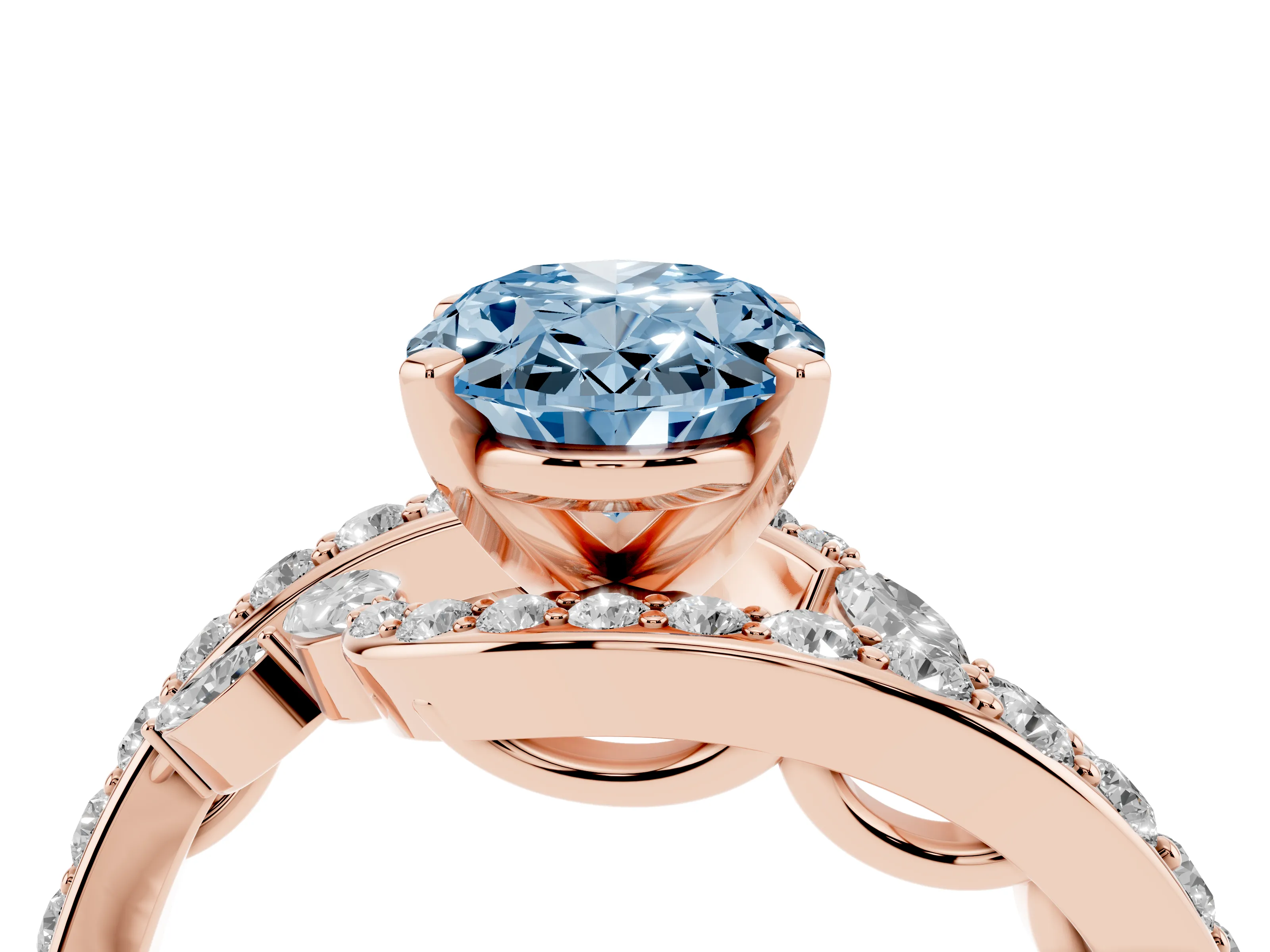 Fancy Blue Oval Cut Diamond Solitaire Ring Set in Rose gold with Pavé Twist Band and Secure Prong Setting