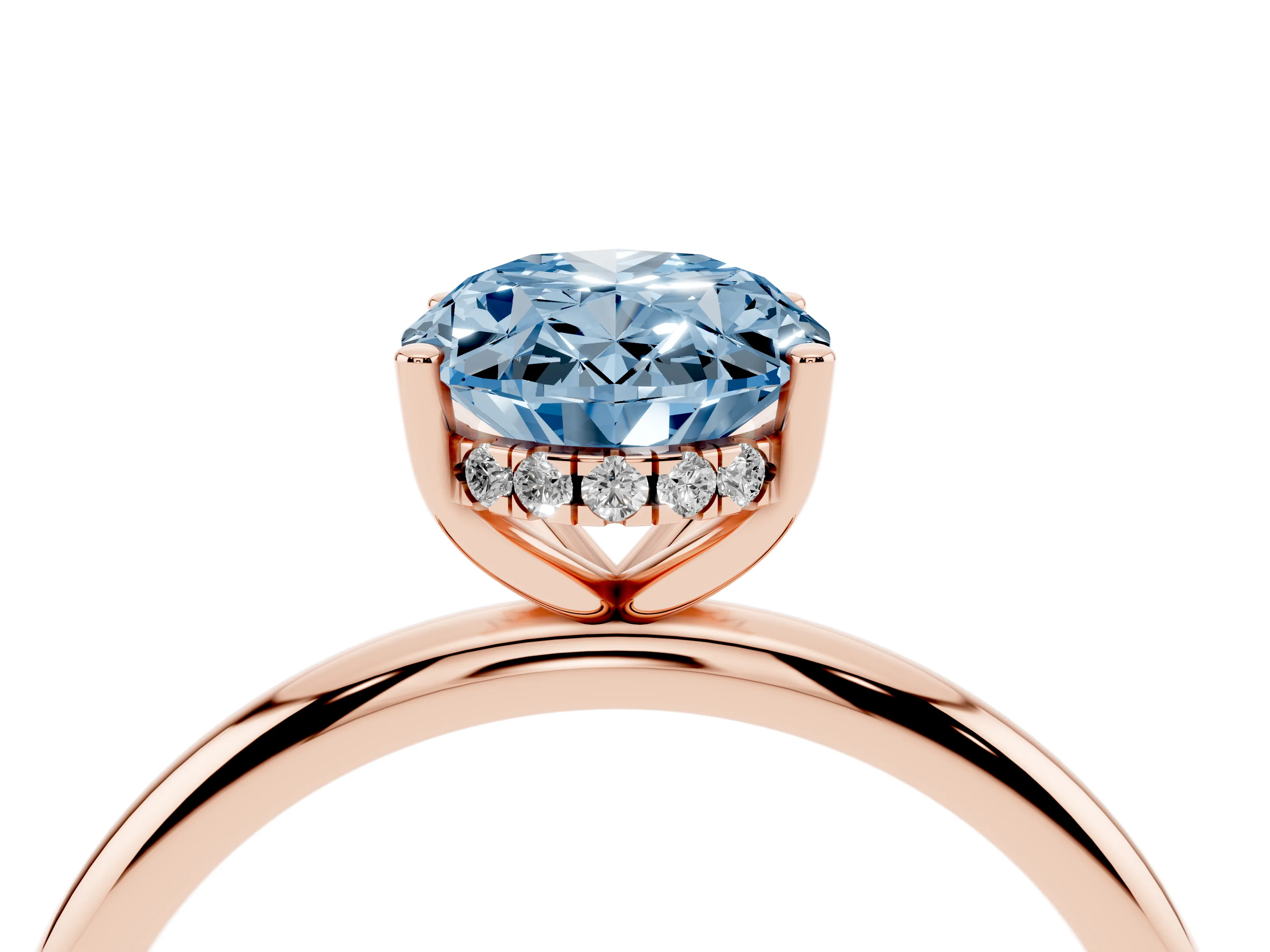 Fancy Blue Oval Cut Diamond Solitaire Engagement Ring Set in Rose gold with Prong Setting and Polished Band