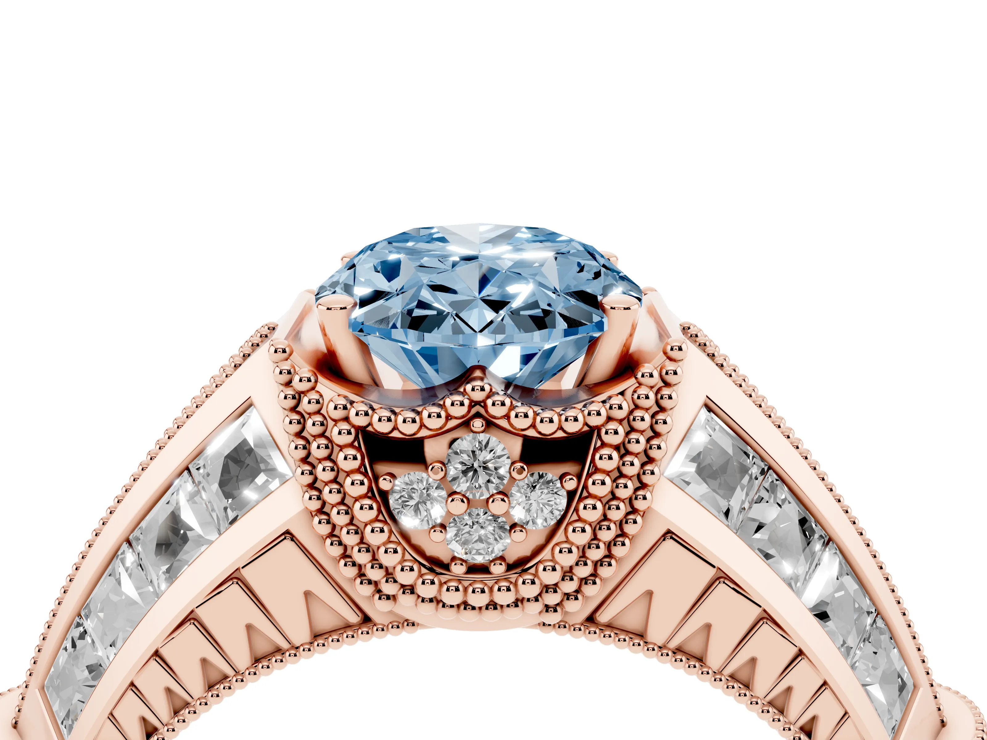 Fancy Blue Oval Cut Diamond Vintage-Inspired Milgrain Ring Set in Rose gold with Accent Split Shank