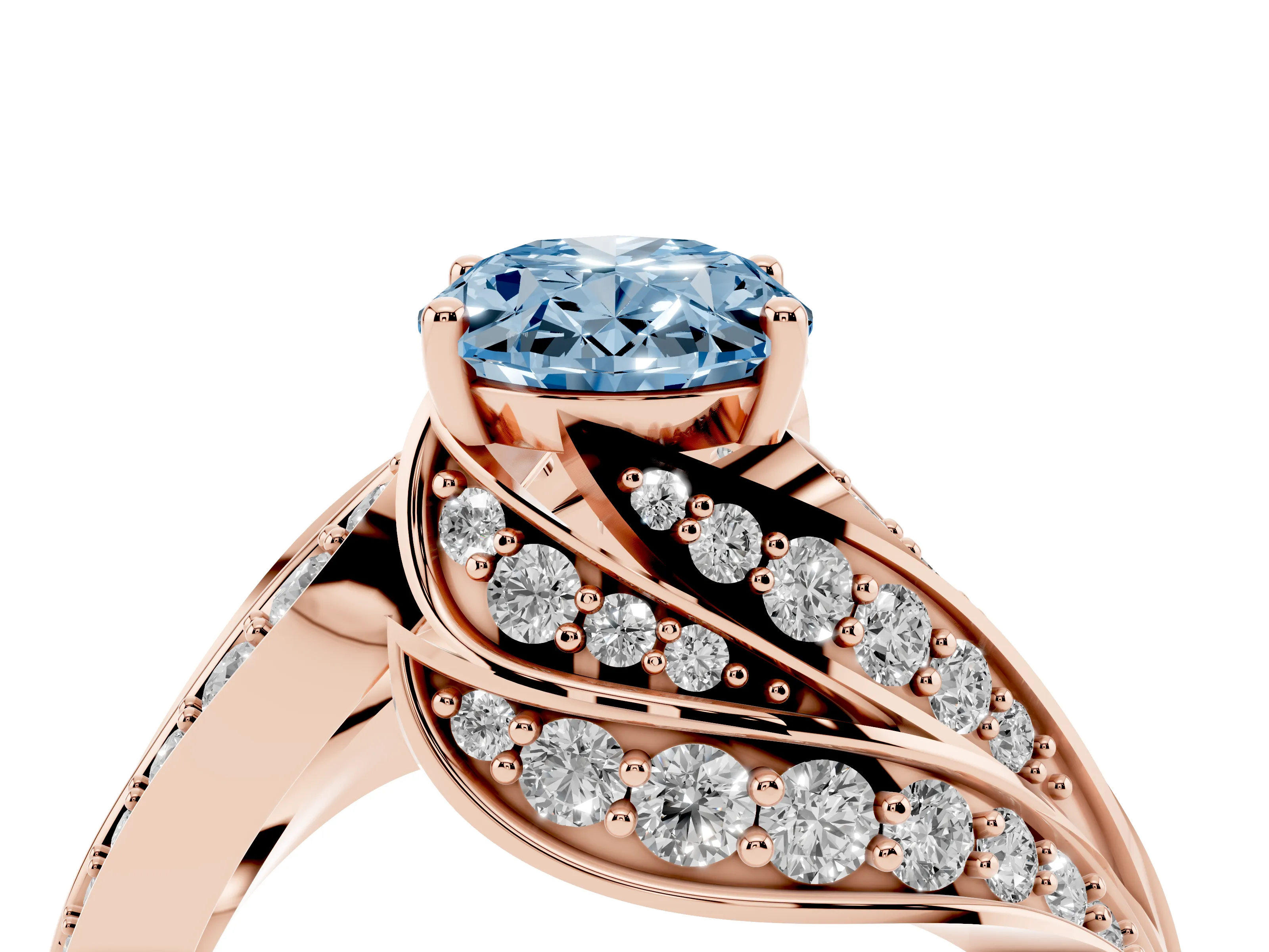 Fancy Blue Oval Cut Diamond Solitaire Ring Set in Rose gold with Layered Twist Pavé Band
