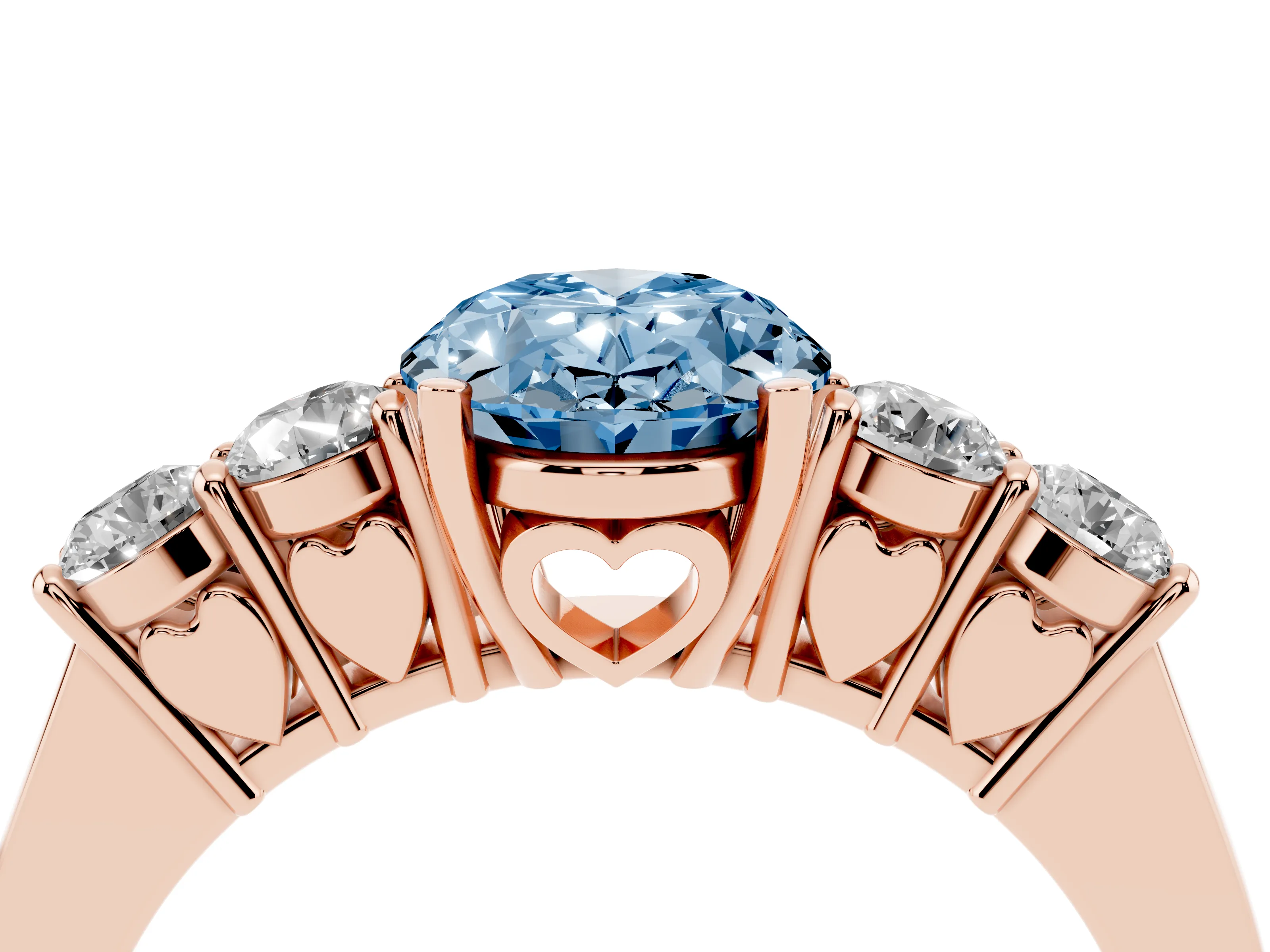 Fancy Blue Oval Cut Diamond Five-Stone Prong Set Band Ring Set in Rose gold with Polished Band