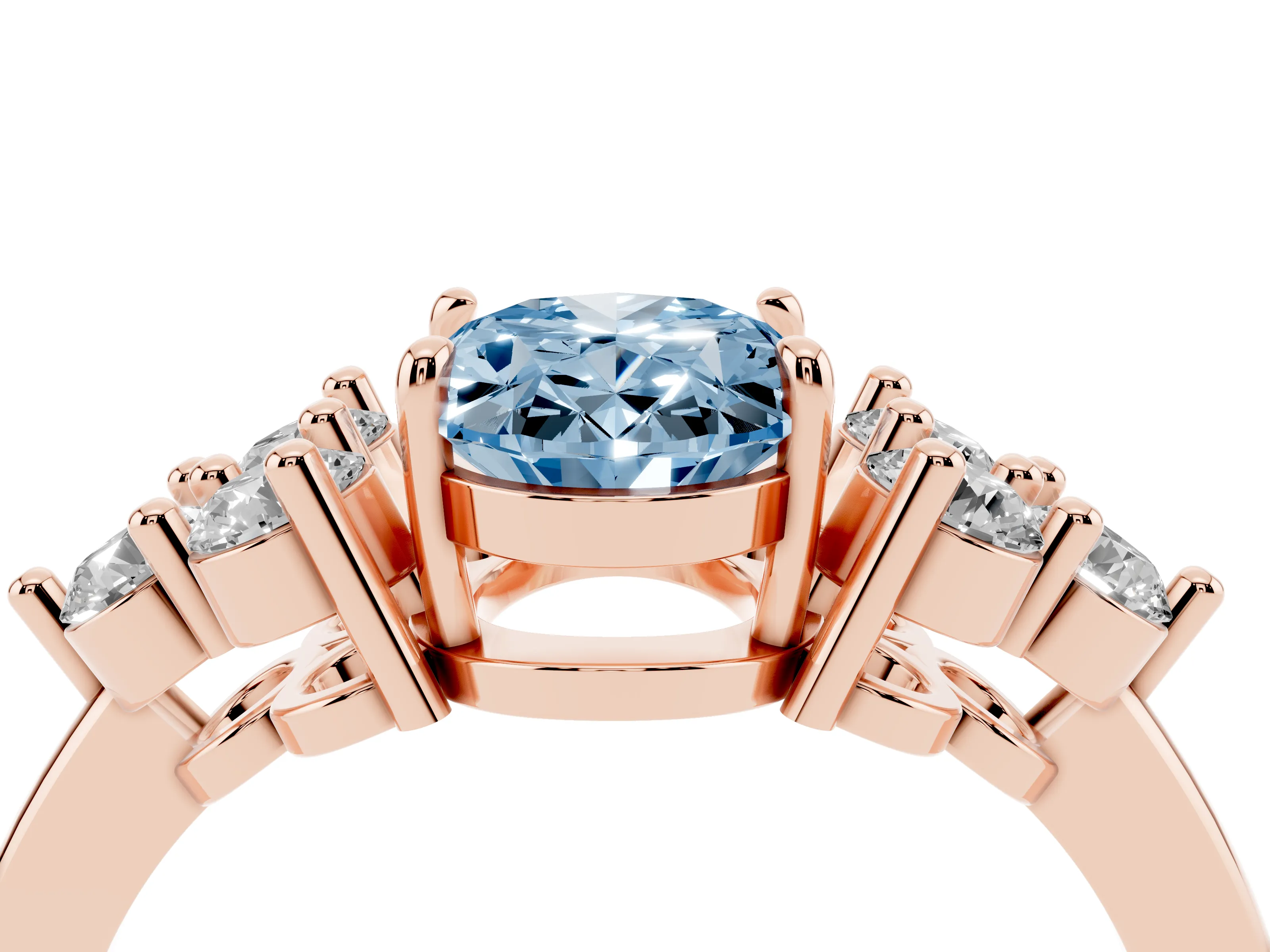 Fancy Blue Oval Cut Diamond Solitaire Ring Set in Rose gold with Cluster Accents on Each Side