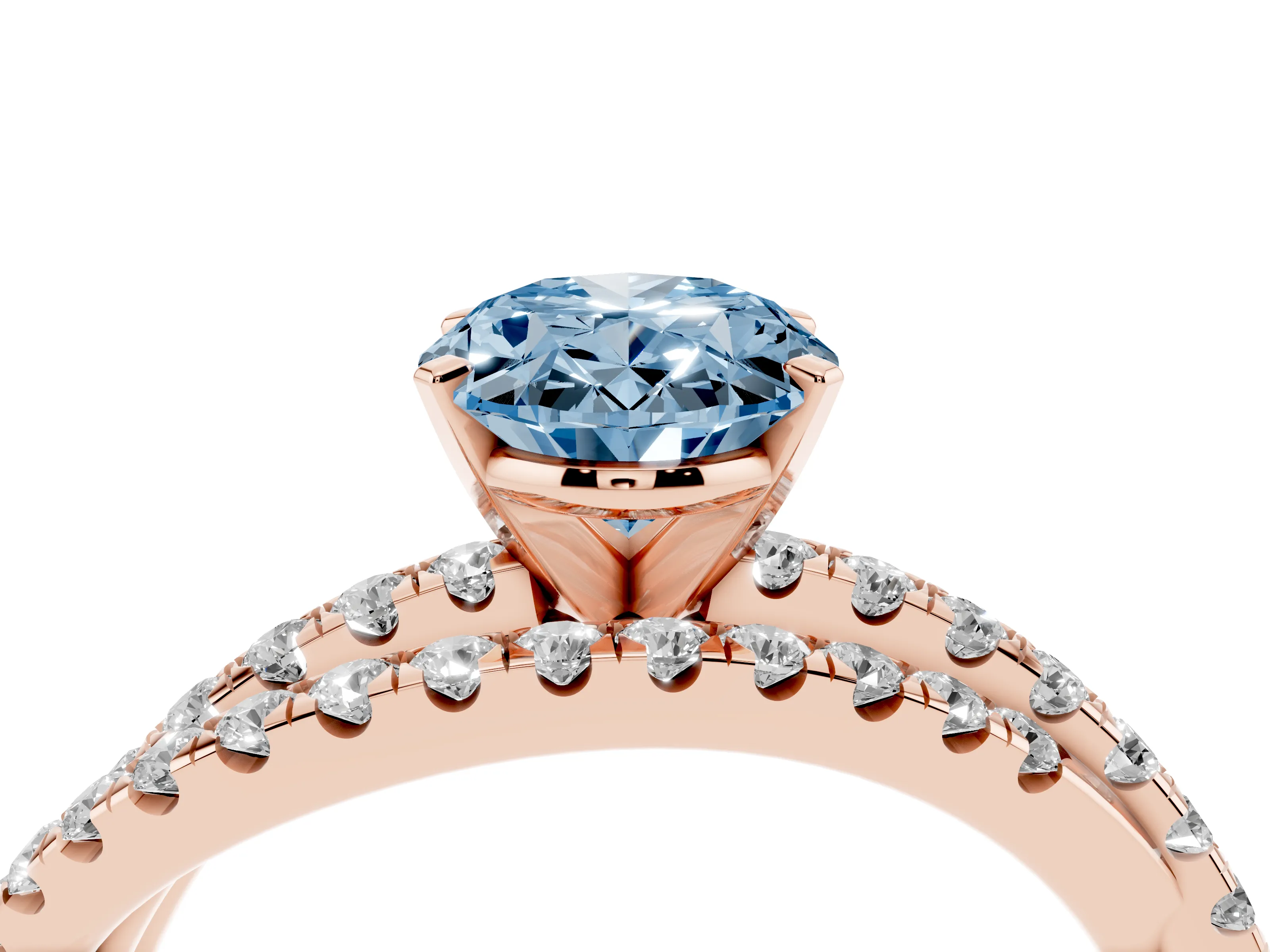 Fancy Blue Oval Cut Diamond Solitaire Twist Band Ring Set in Rose gold with Pavé Setting and Prong Head