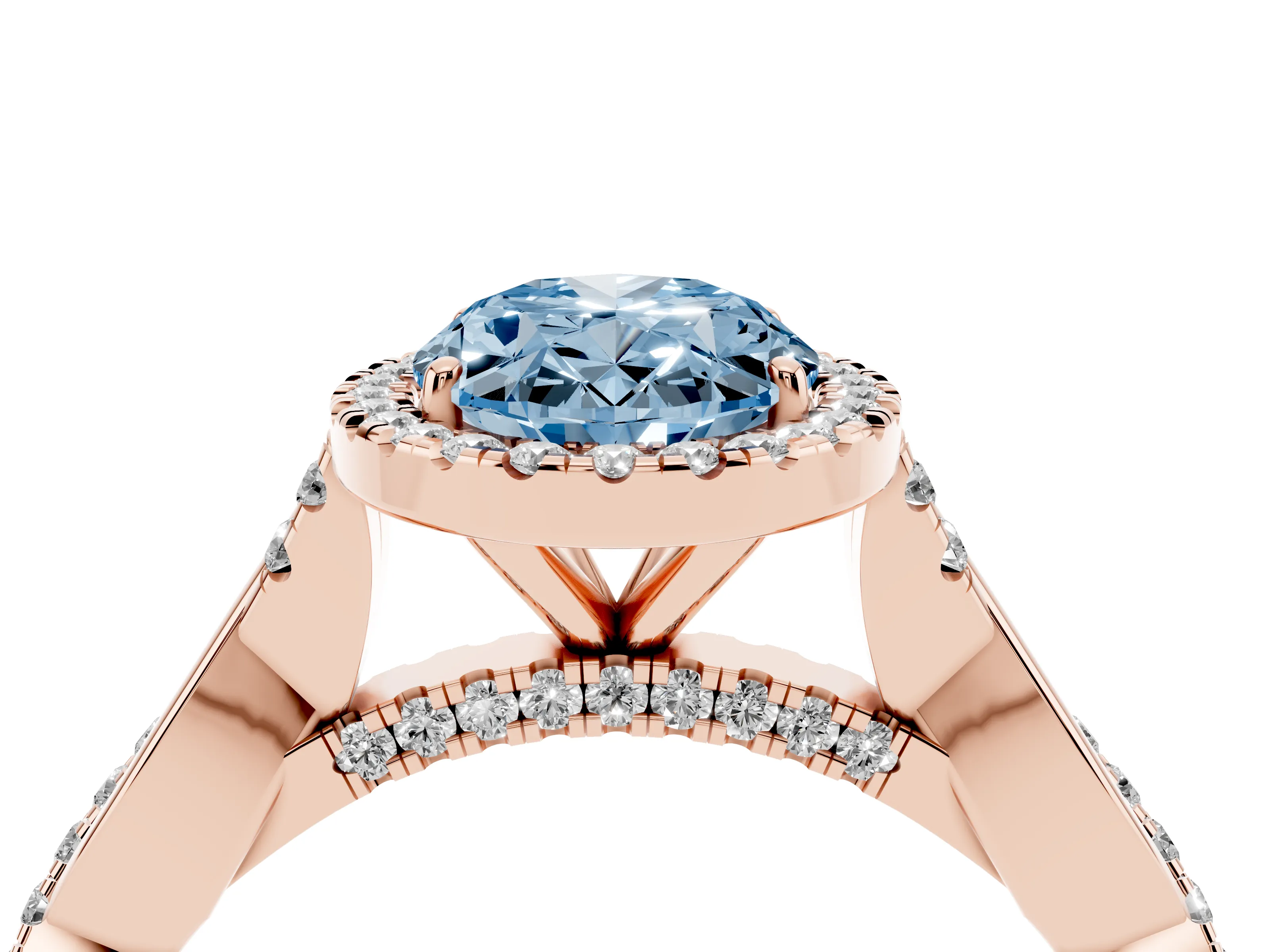 Fancy Blue Oval Cut Diamond Halo Twist Band Solitaire Ring Set in Rose gold with Prong Setting