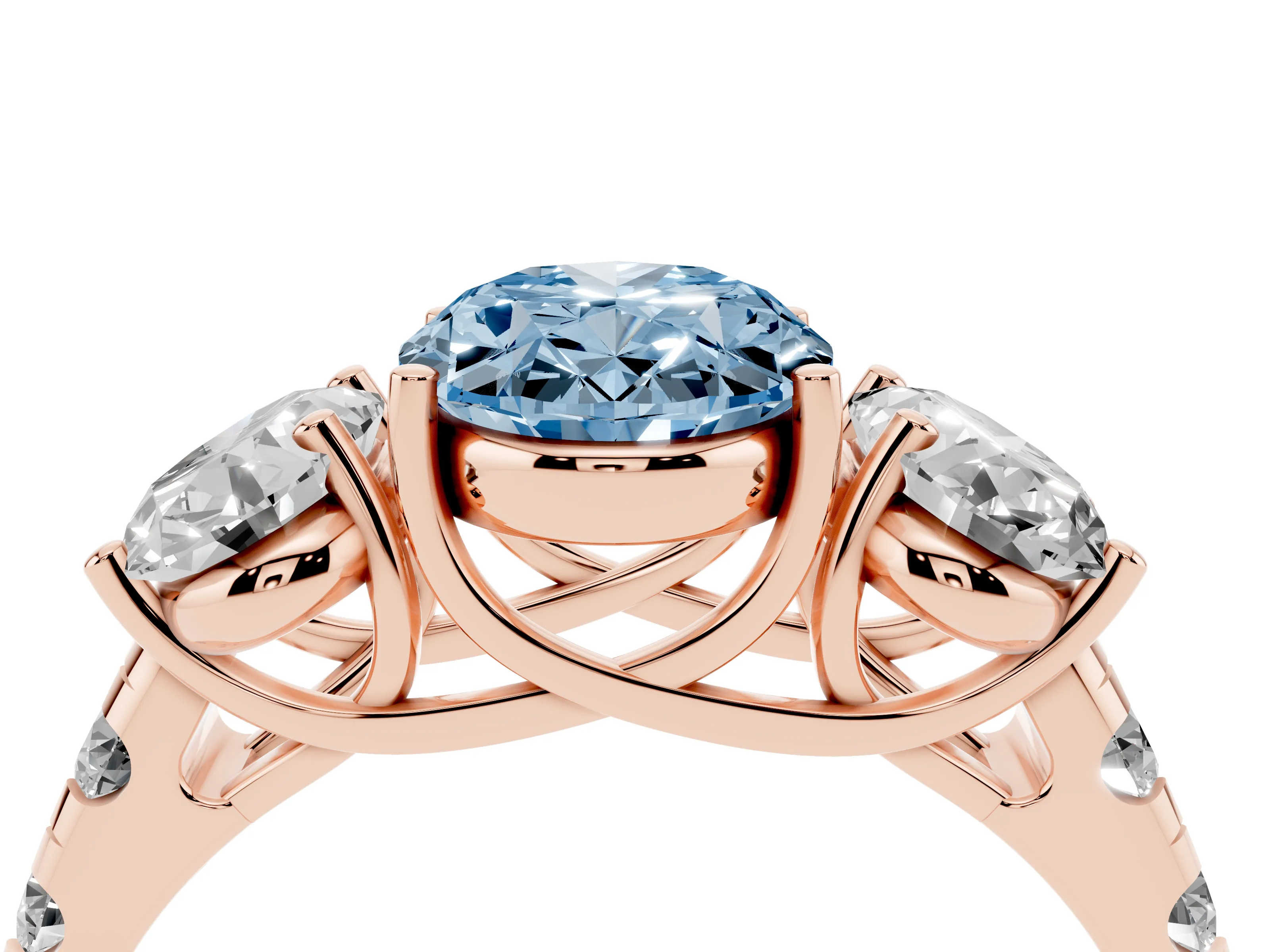 Fancy Blue Oval Cut Diamond Three-Stone Ring Set in Rose gold with Pavé Band