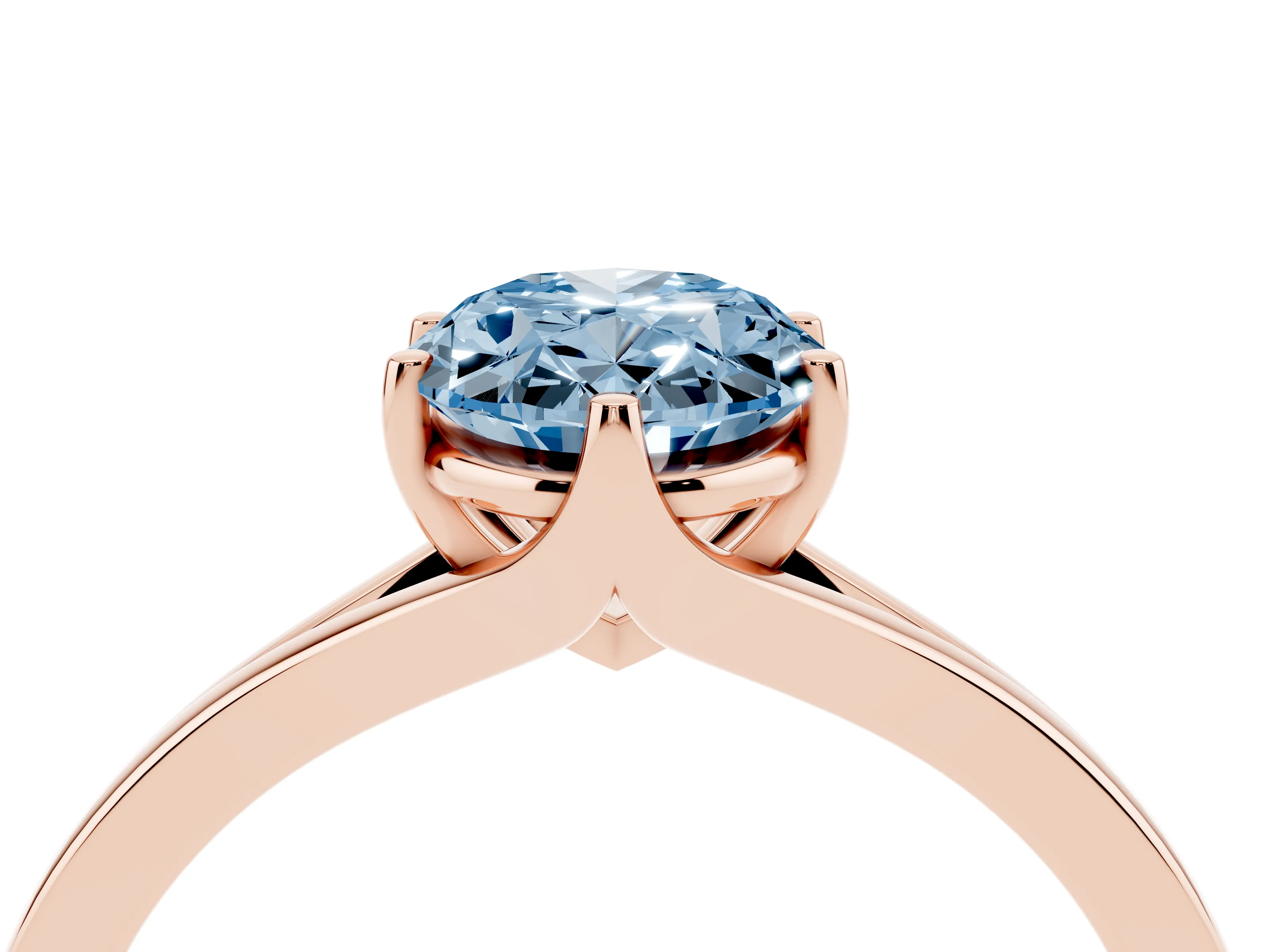 Fancy Blue Oval Cut Diamond Solitaire Ring Set in Rose gold with Polished Tapered Band and Prong Setting