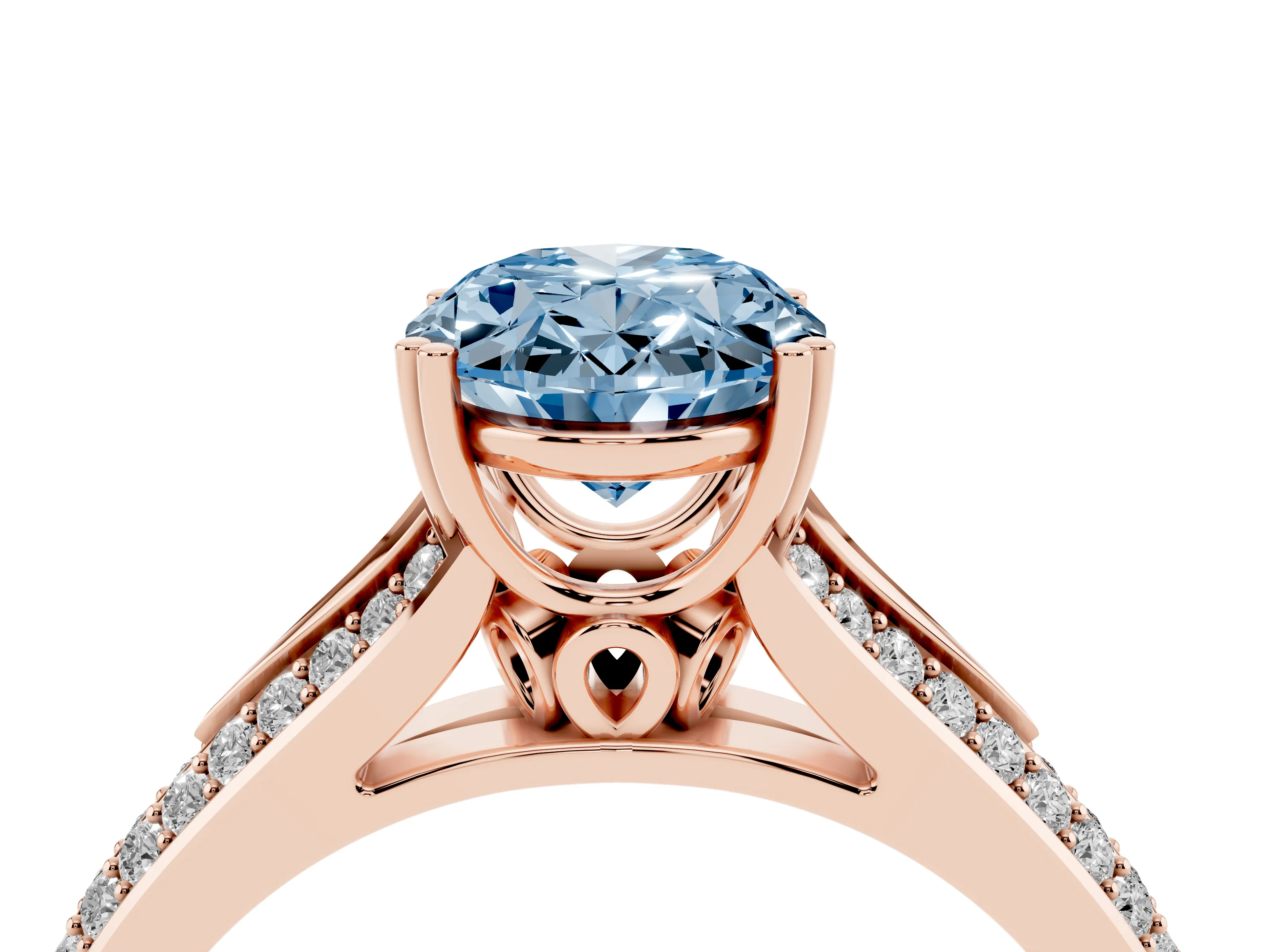 Fancy Blue Oval Cut Diamond Split Shank Pavé Engagement Ring Set in Rose gold with Prong-Set Center Stone