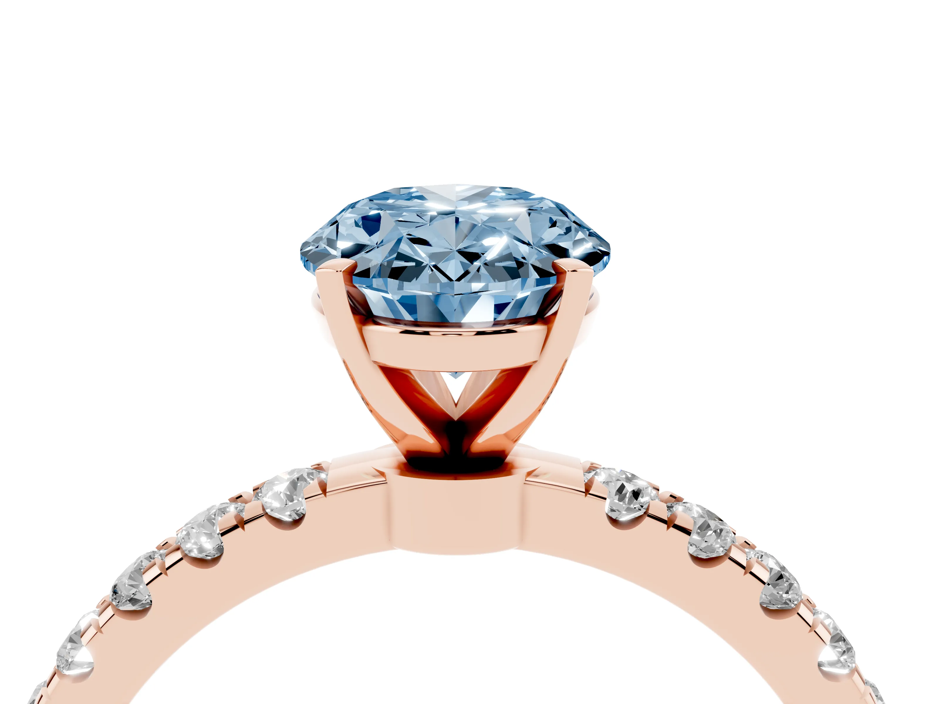 Fancy Blue Oval Cut Diamond Solitaire Ring Set in Rose gold with Pavé Accents and Prong Setting