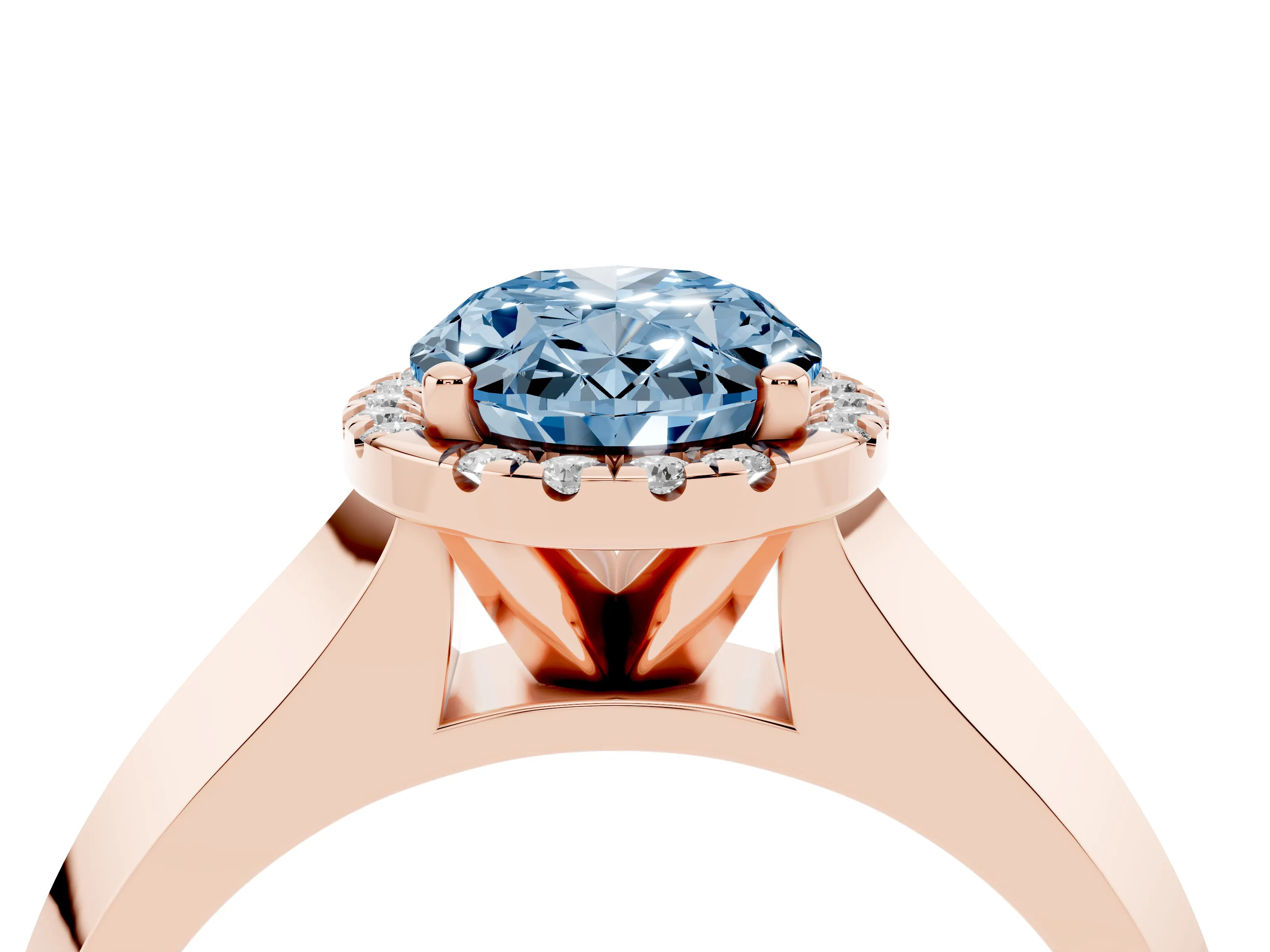 Fancy Blue Oval Cut Diamond Halo Ring Set in Rose gold with Cathedral Band and Prong Setting