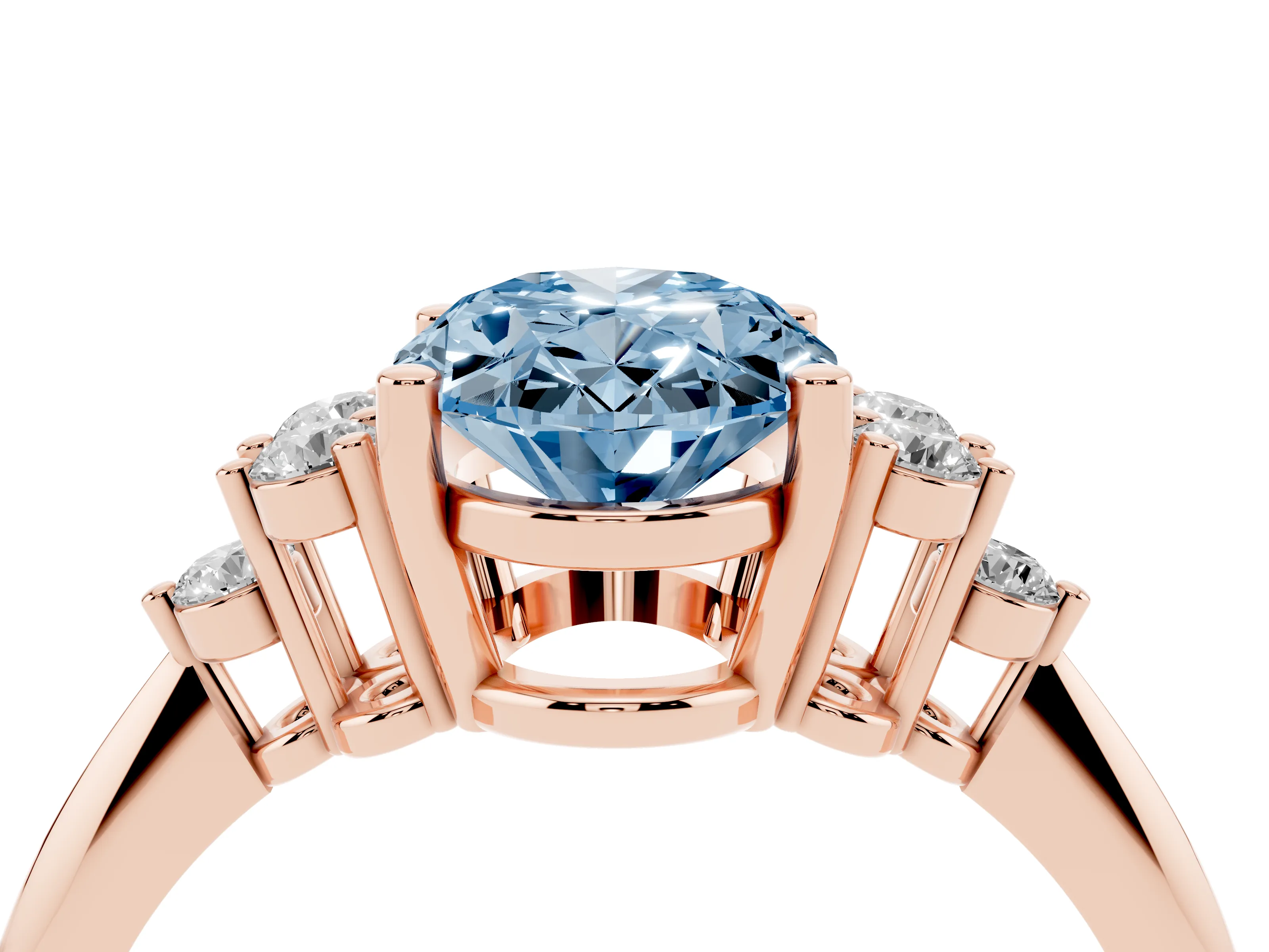 Fancy Blue Oval Cut Diamond Cluster Ring Set in Rose gold with Plain Band and Prong Setting