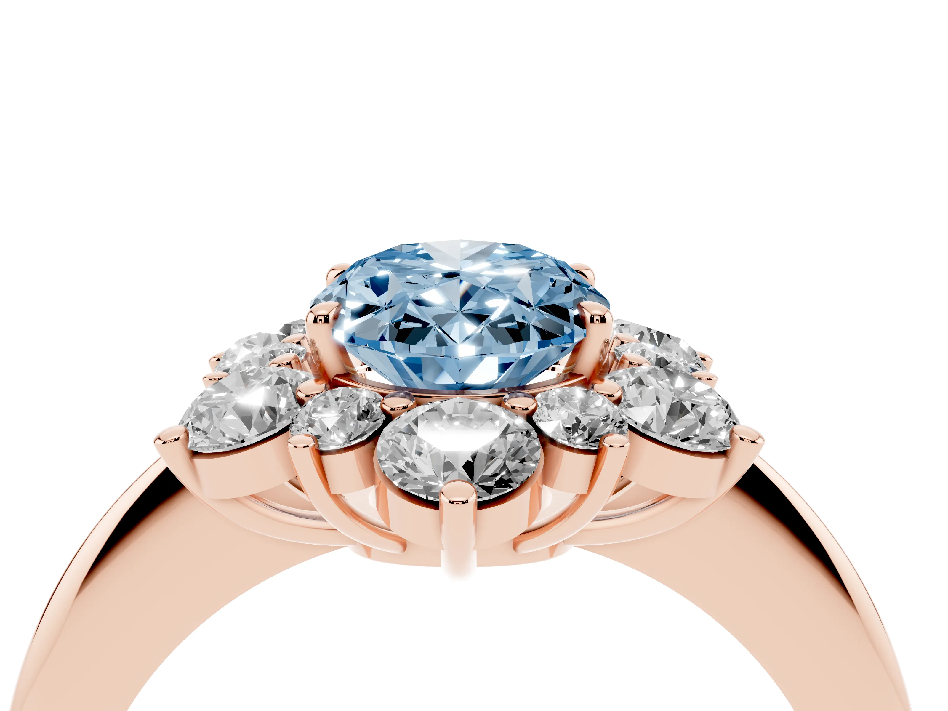 Fancy Blue Oval Cut Diamond Cluster Halo Ring Set in Rose gold with Solitaire Band and Prong Setting