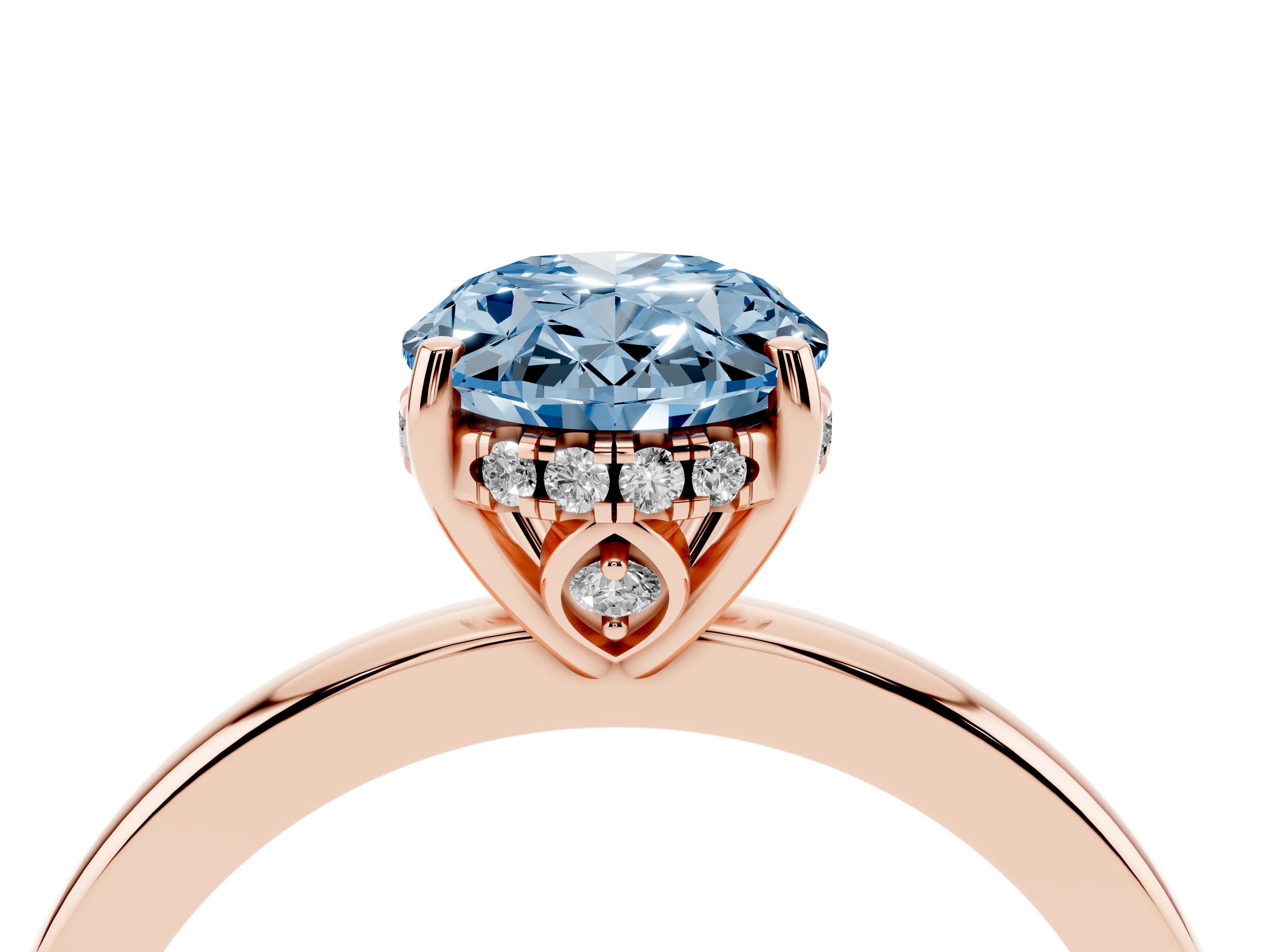 Fancy Blue Oval Cut Diamond Solitaire Ring Set in Rose gold with Plain Band and Prong Setting
