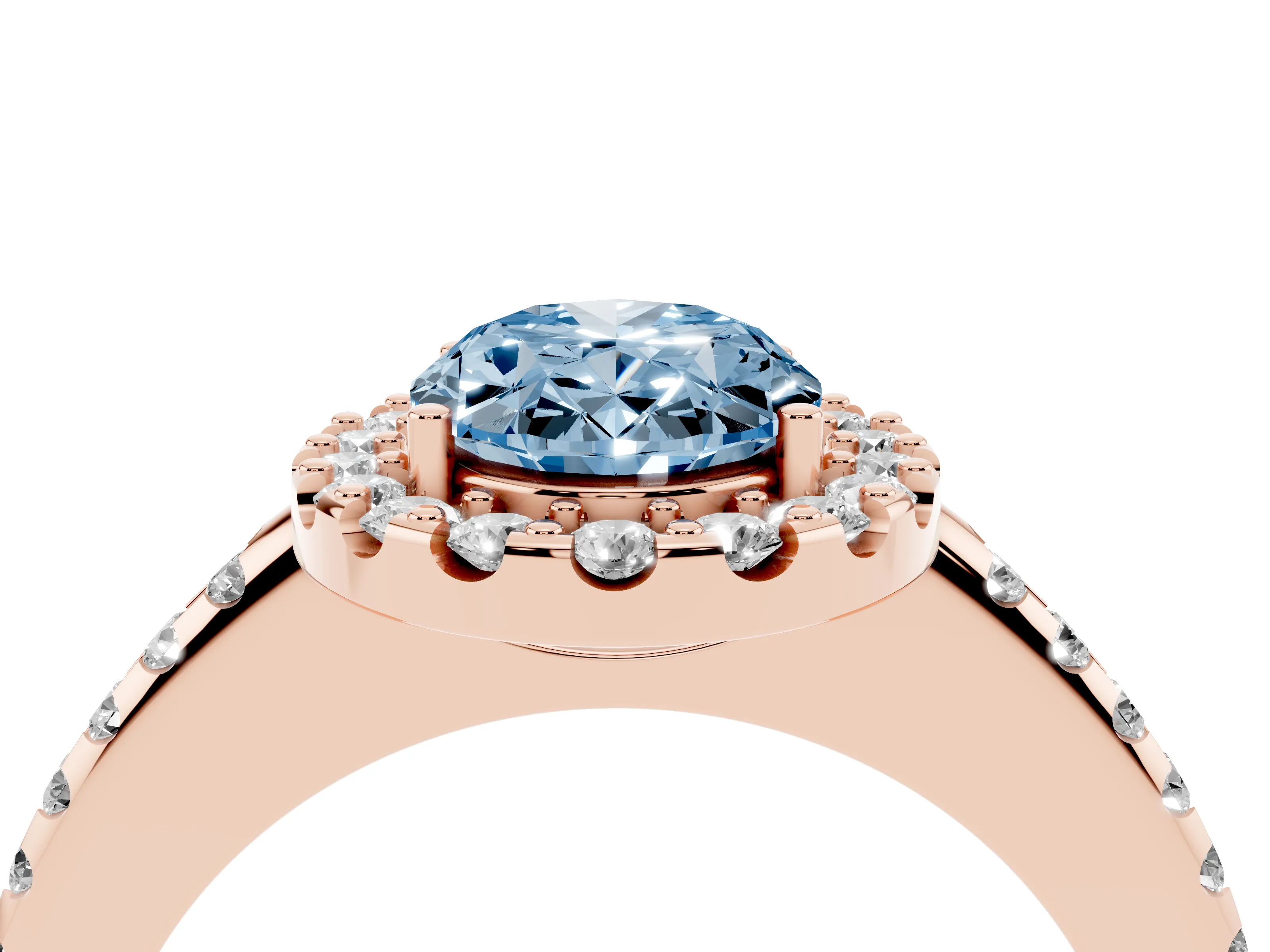 Fancy Blue Oval Cut Diamond Pavé Halo Ring Set in Rose gold with Prong Setting