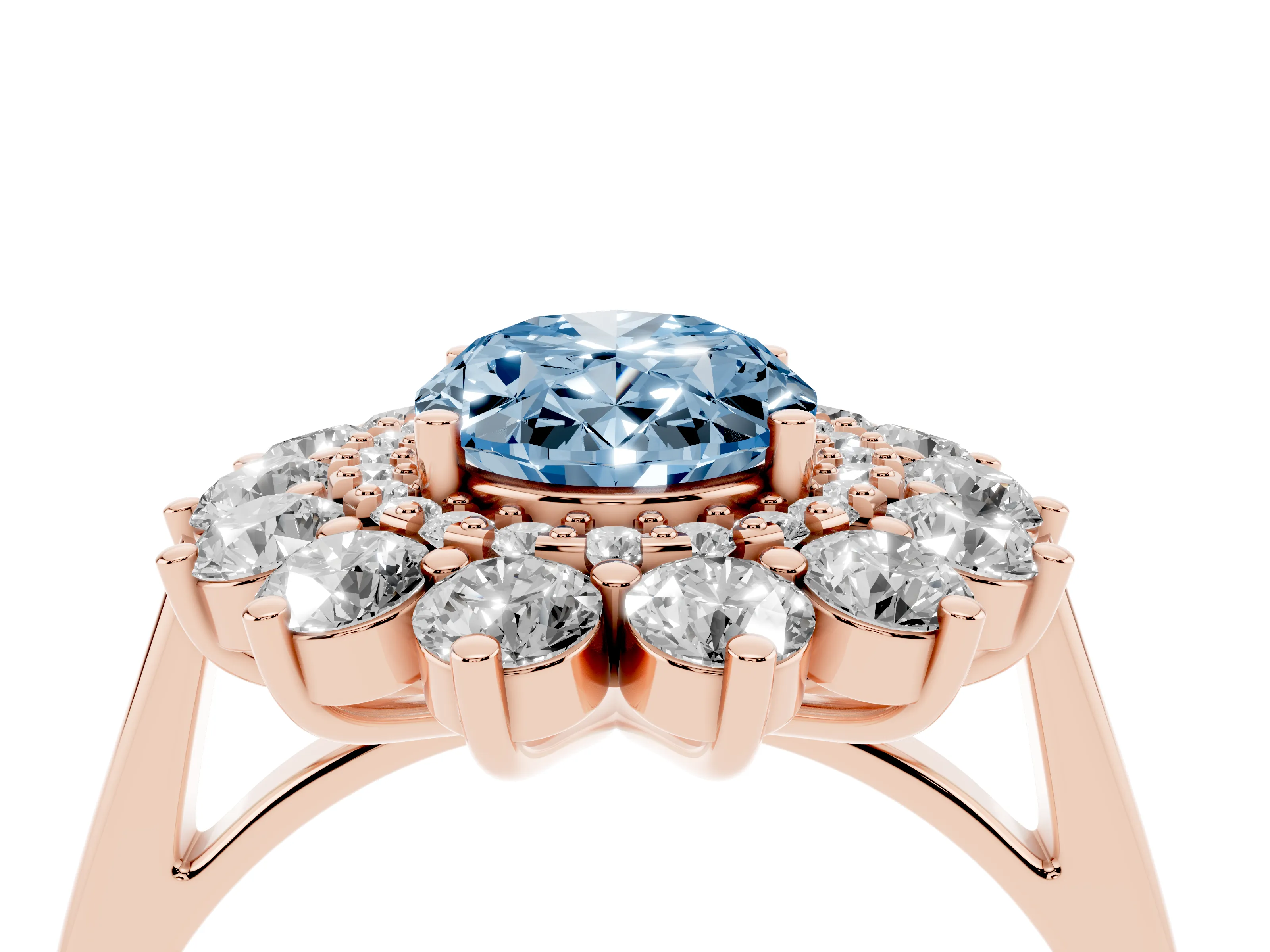 Fancy Blue Oval Cut Diamond Floral Double Halo Ring Set in Rose gold with Round Petals