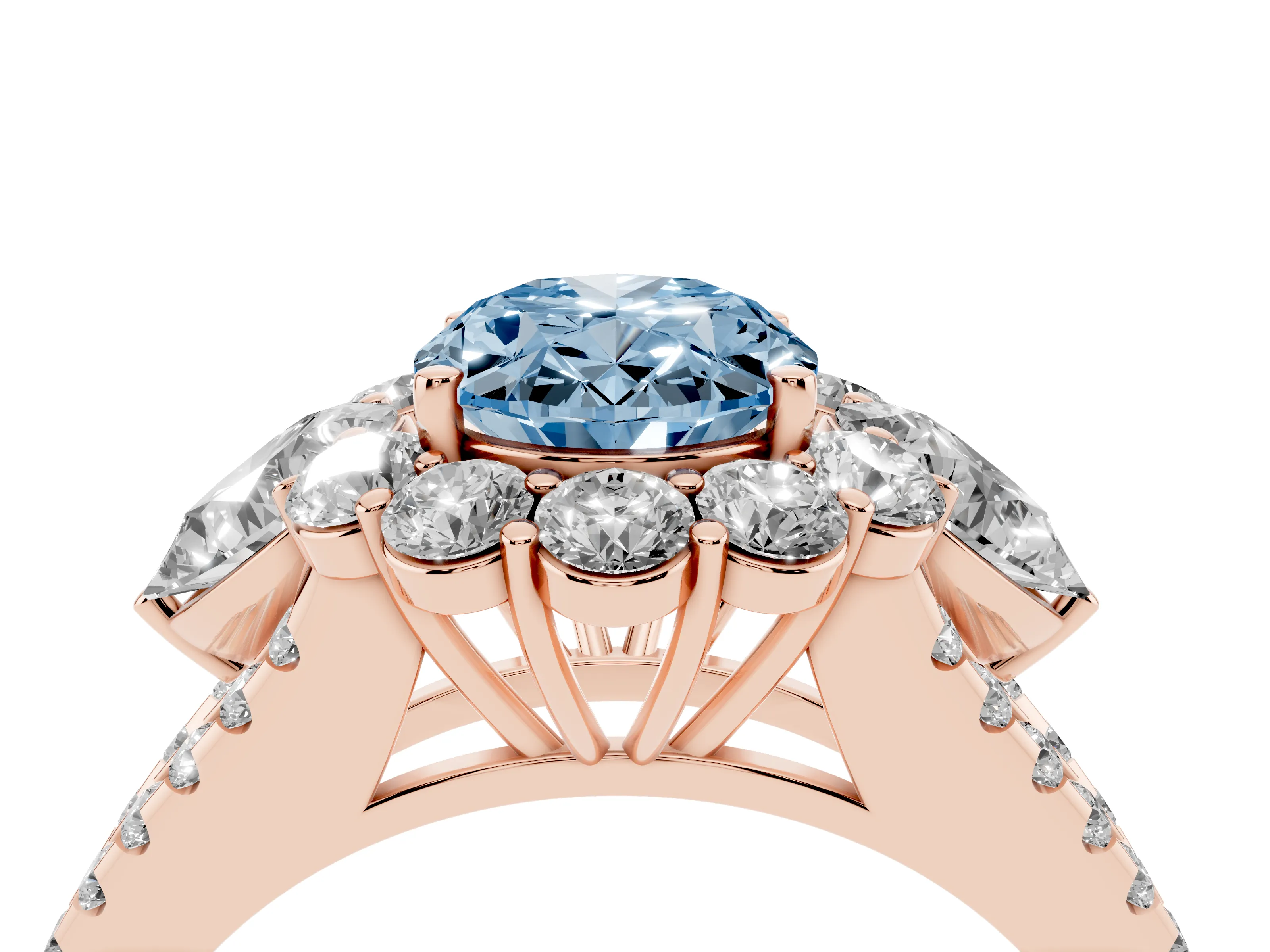 Fancy Blue Oval Cut Diamond Halo Split Shank Engagement Ring Set in Rose gold with Prong-Held Center Stone