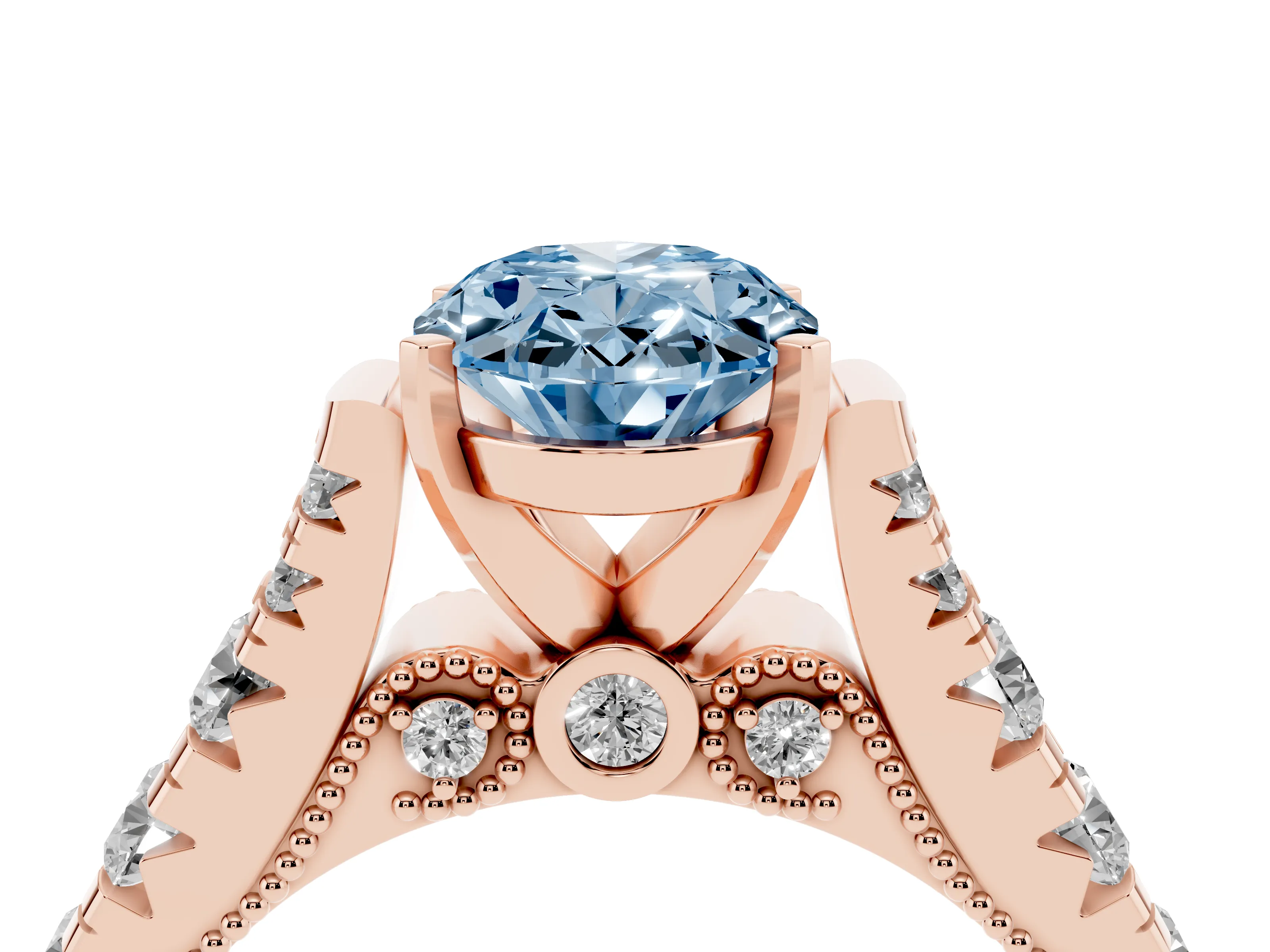 Fancy Blue Oval Cut Diamond Classic Solitaire Ring Set in Rose gold with Pavé Band and Prong Setting