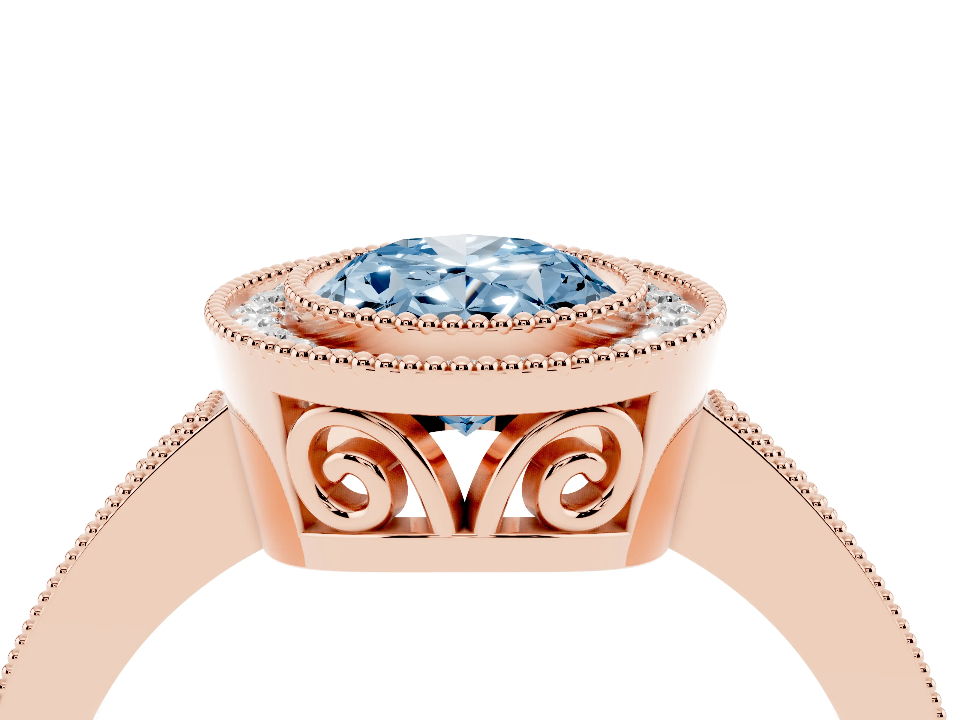 Fancy Blue Oval Cut Diamond Halo Ring Set in Rose gold with Pavé Band and Milgrain-Edged Prongs