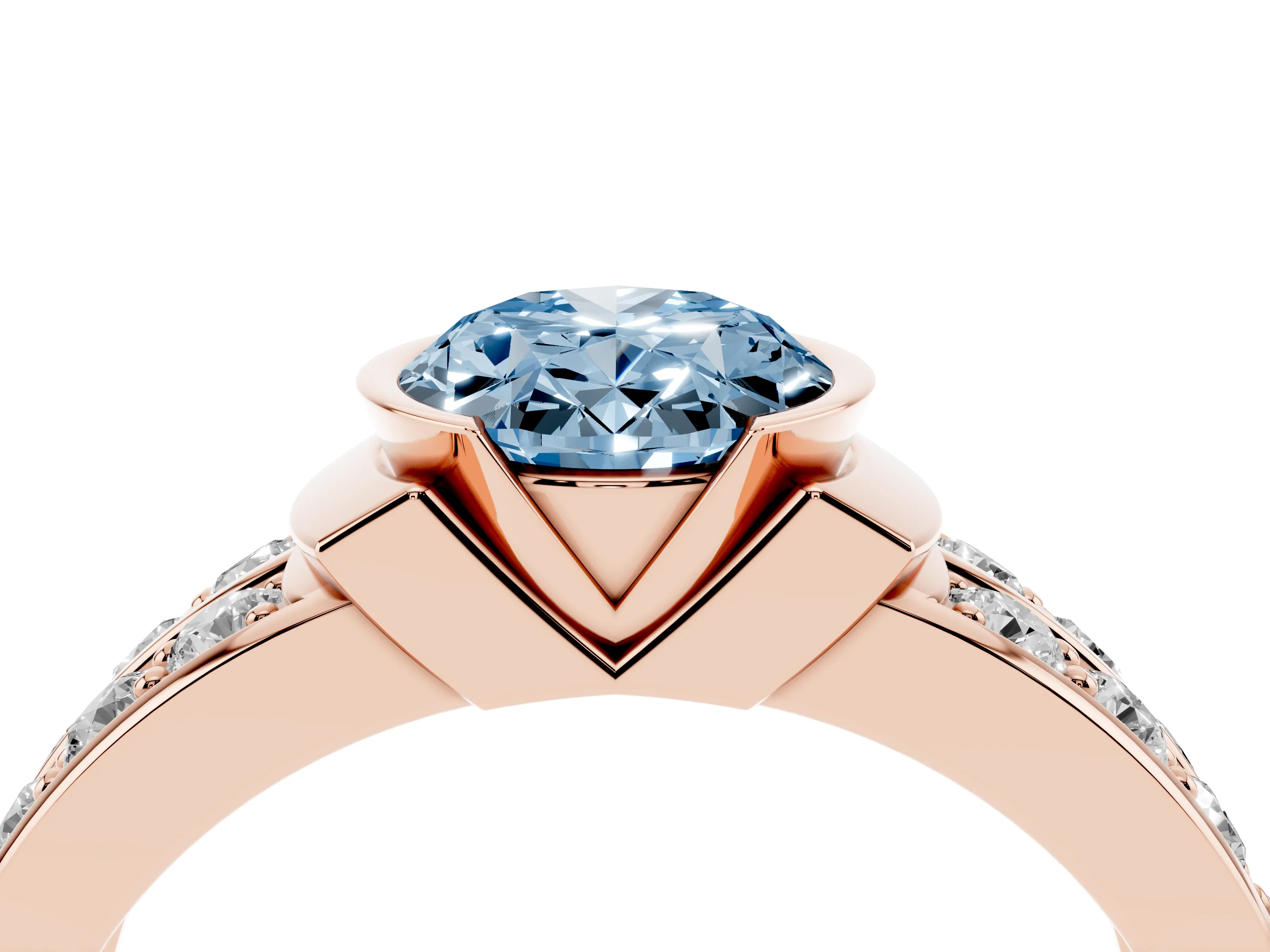 Fancy Blue Oval Cut Diamond Wide Channel Set Band Ring Set in Rose gold with Bezel Setting