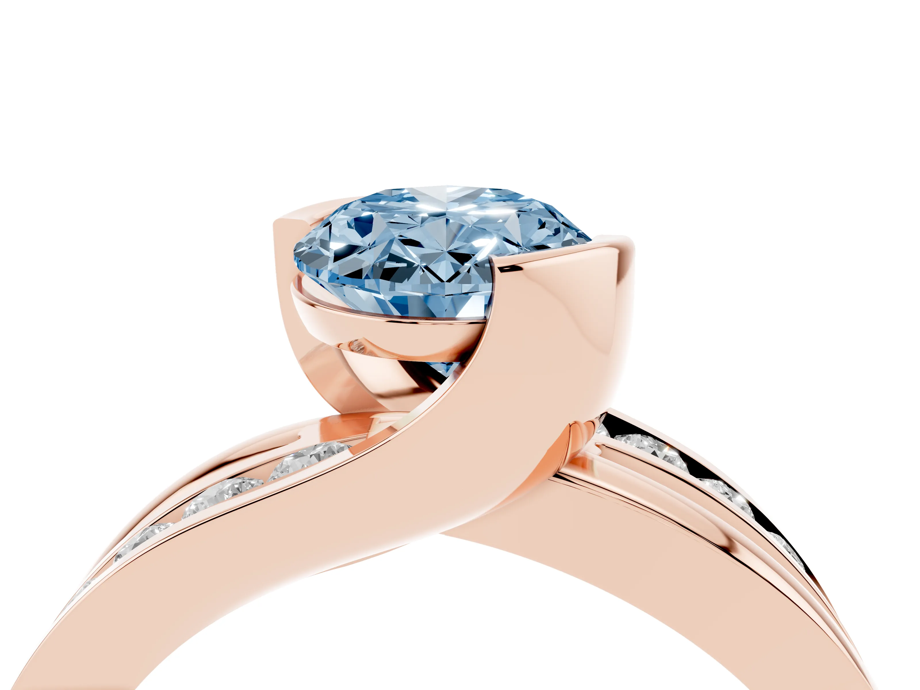 Fancy Blue Oval Cut Diamond Solitaire Ring Set in Rose gold with Channel Set Split Shank and Tension Prongs