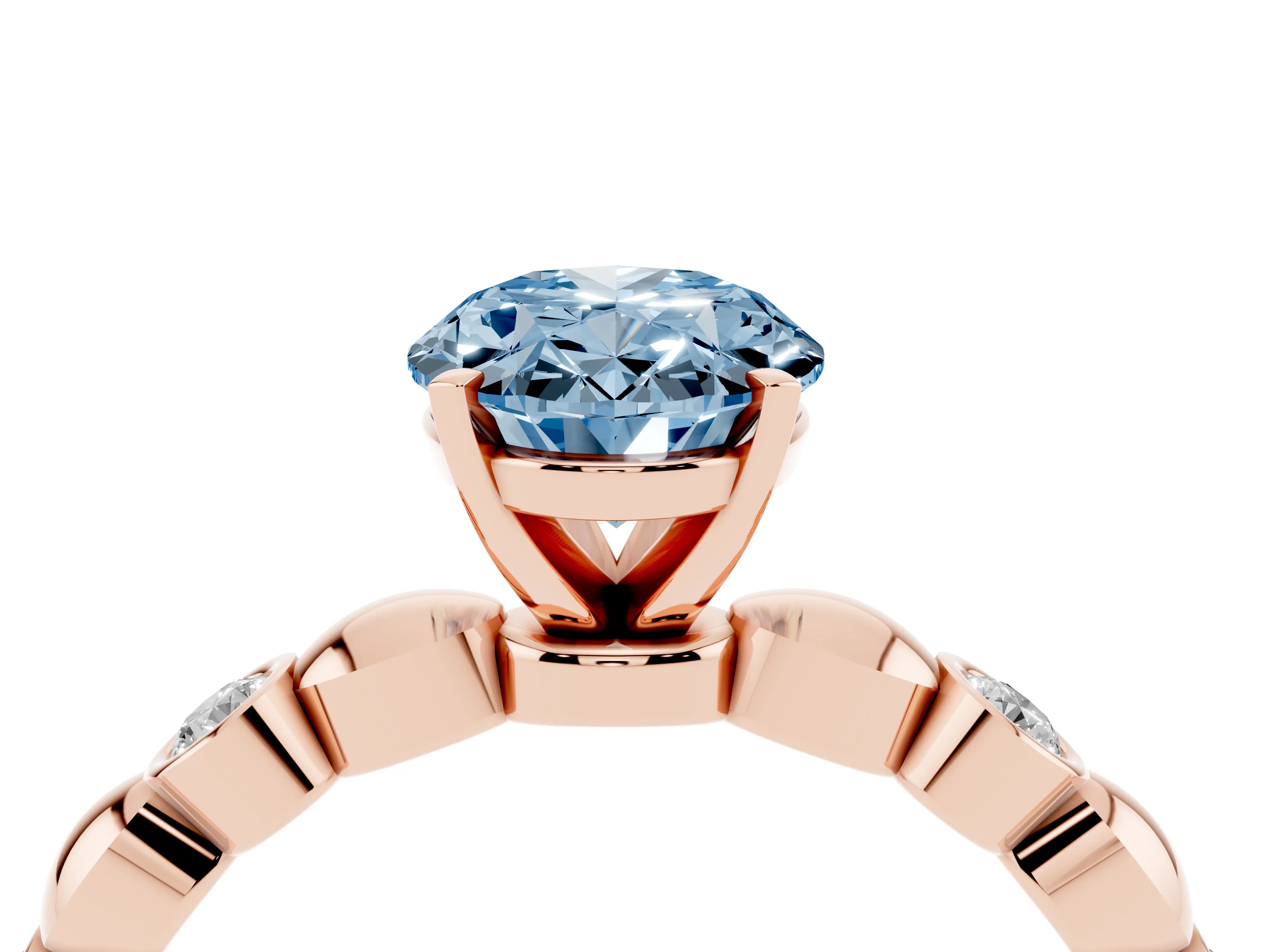 Fancy Blue Oval Cut Diamond Solitaire Ring Set in Rose gold with Bezel-Set Accents on Beaded Band and Prong Setting