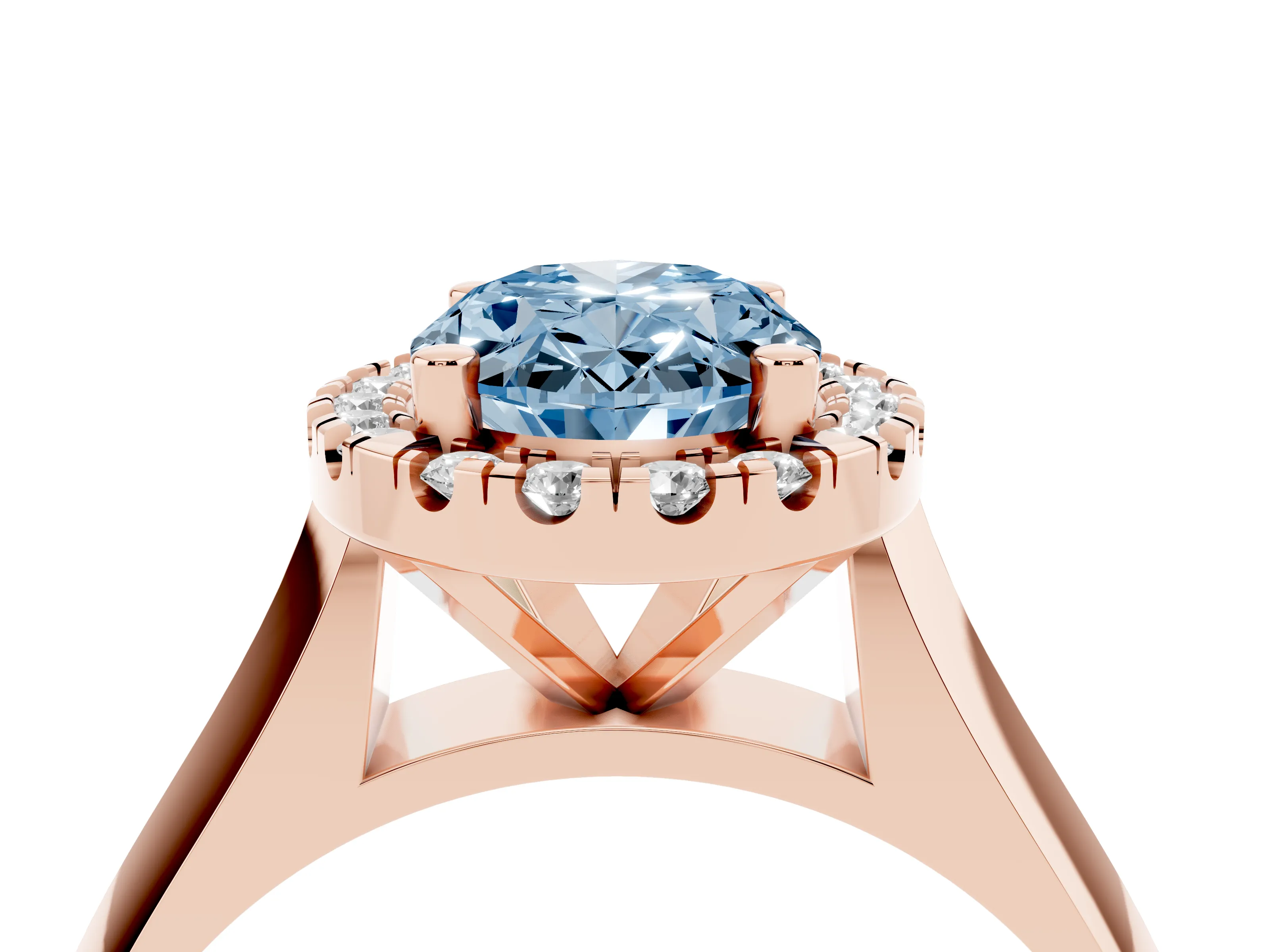 Fancy Blue Oval Cut Diamond Halo Solitaire Engagement Ring Set in Rose gold with Square Band and Prong Setting