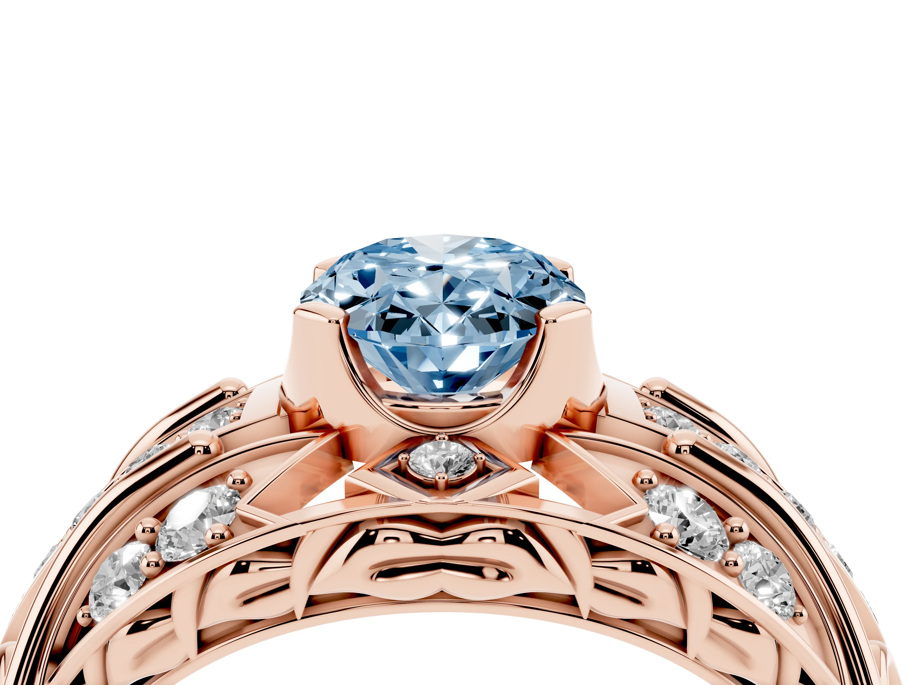Fancy Blue Oval Cut Diamond Art Deco Ring Set in Rose gold with Pavé Split Shank