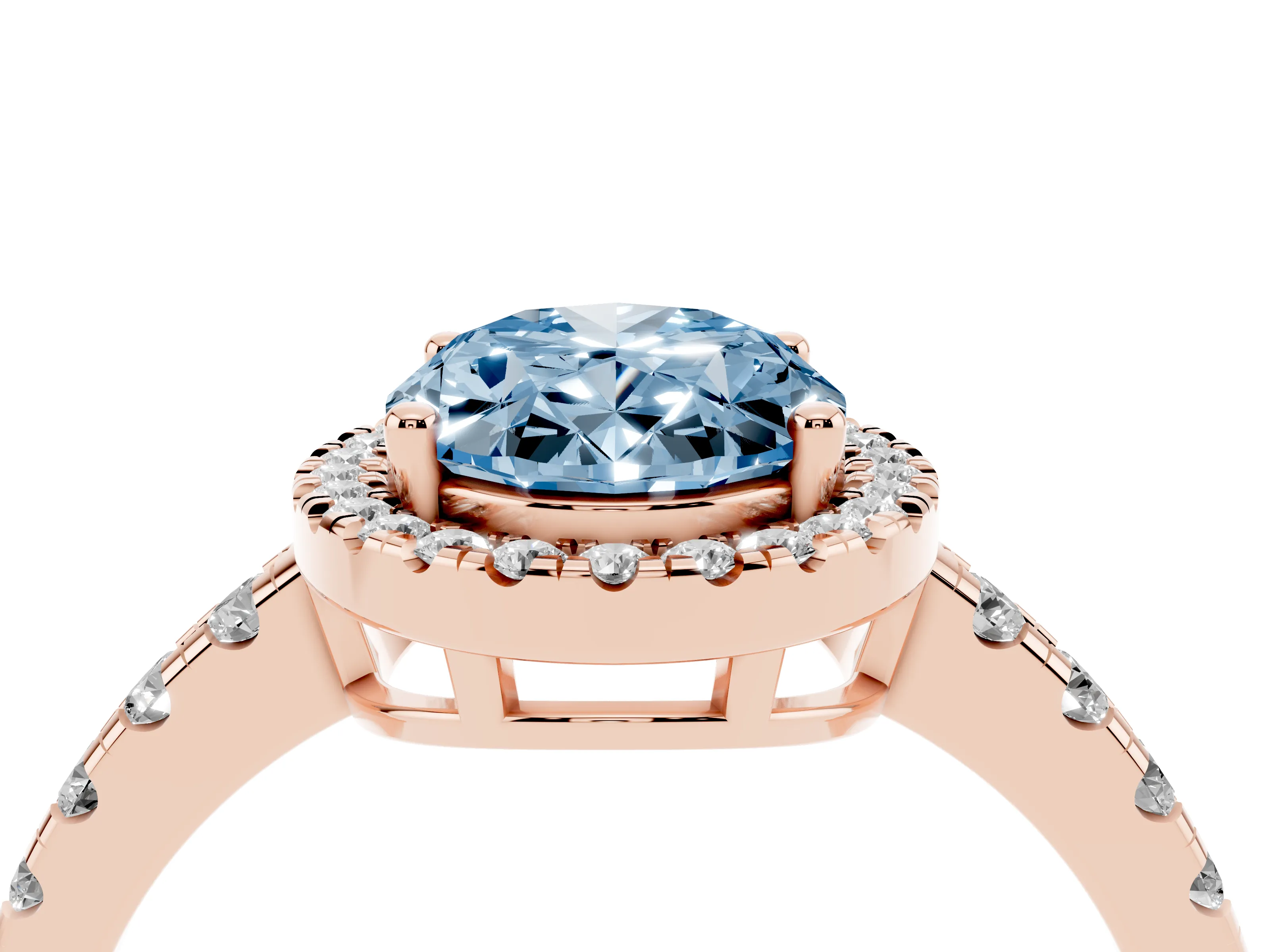 Fancy Blue Oval Cut Diamond Halo Ring Set in Rose gold with Delicate Pavé Band and Prong Setting