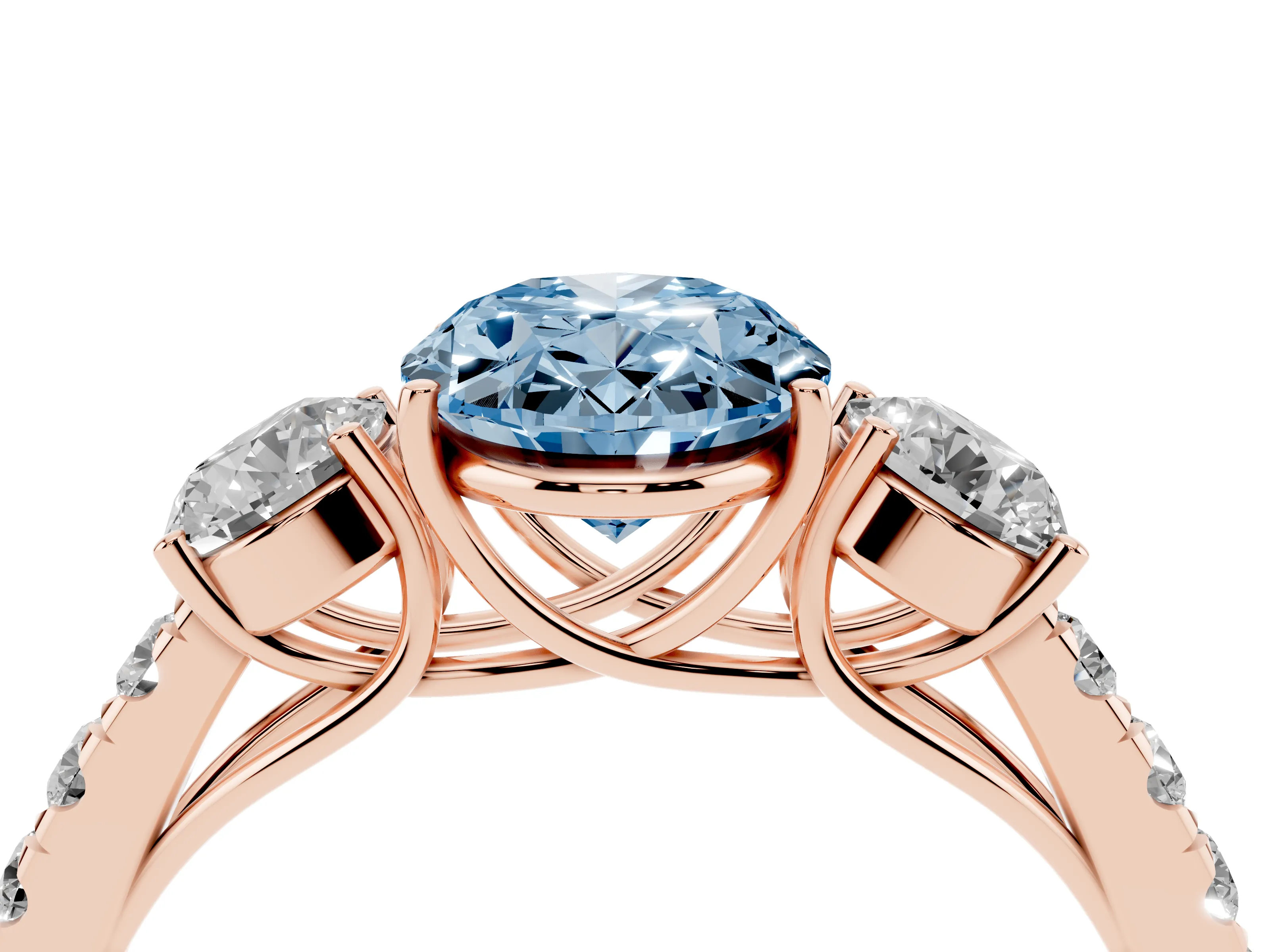 Fancy Blue Oval Cut Diamond Three-Stone Ring Set in Rose gold with Round Side Stones and Delicate Pavé Band