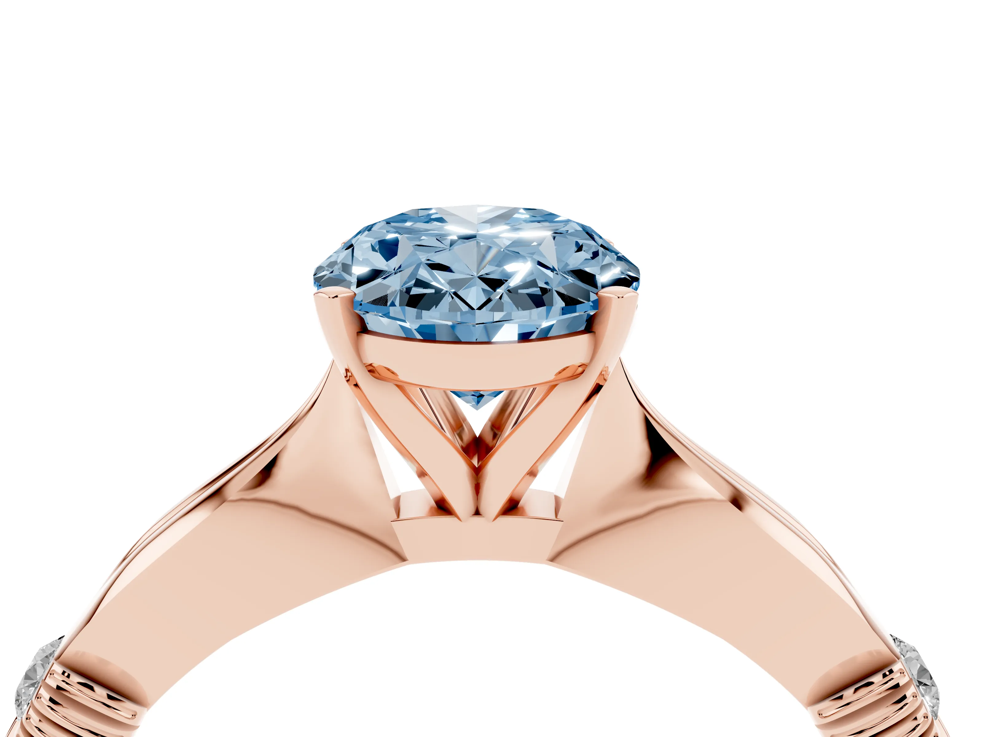 Fancy Blue Oval Cut Diamond Solitaire Twisted Band Ring Set in Rose gold with Accent Stones and Prong Setting