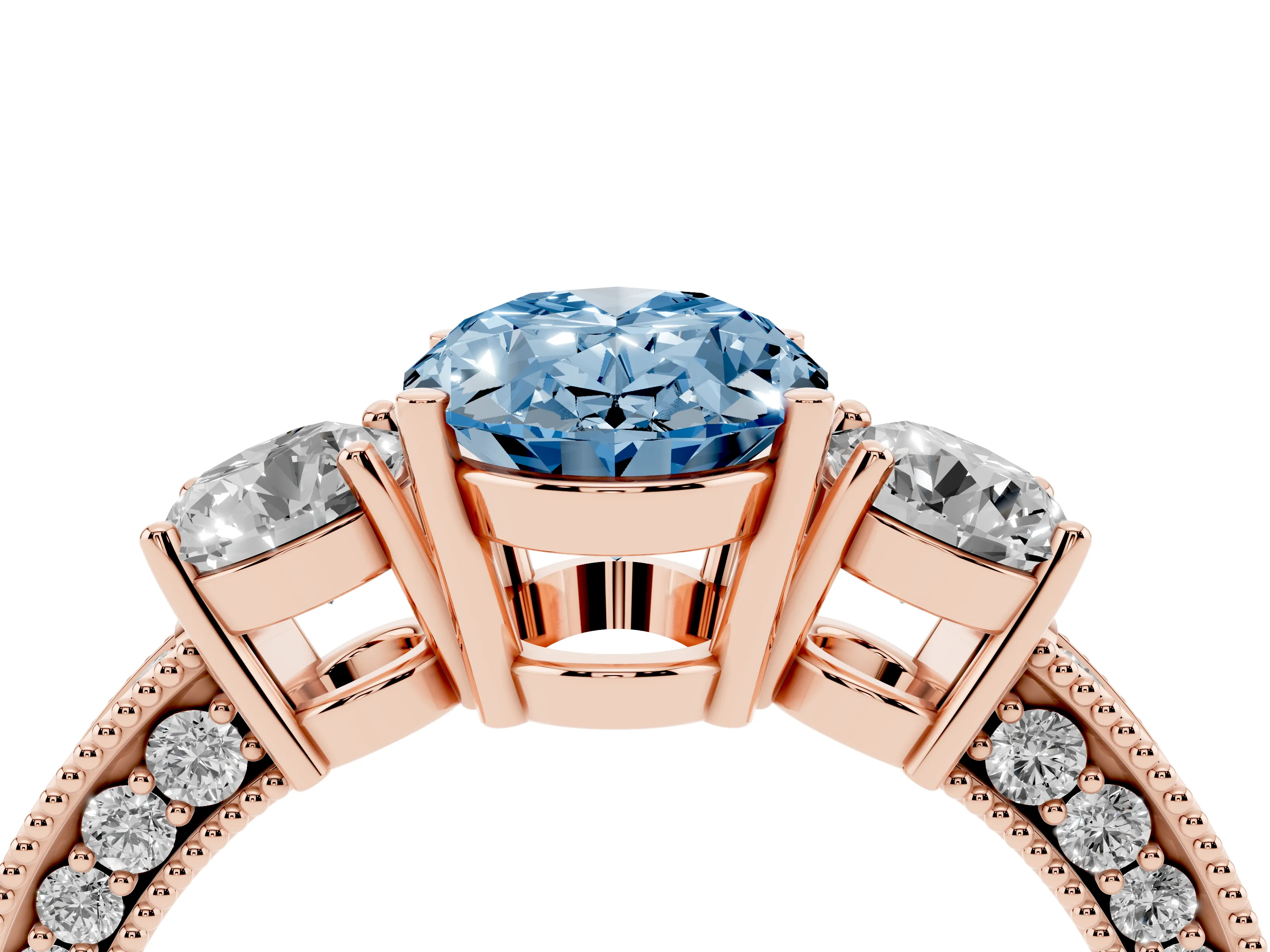 Fancy Blue Oval Cut Diamond Three-Stone Ring Set in Rose gold with Round Side Stones and Pavé Band