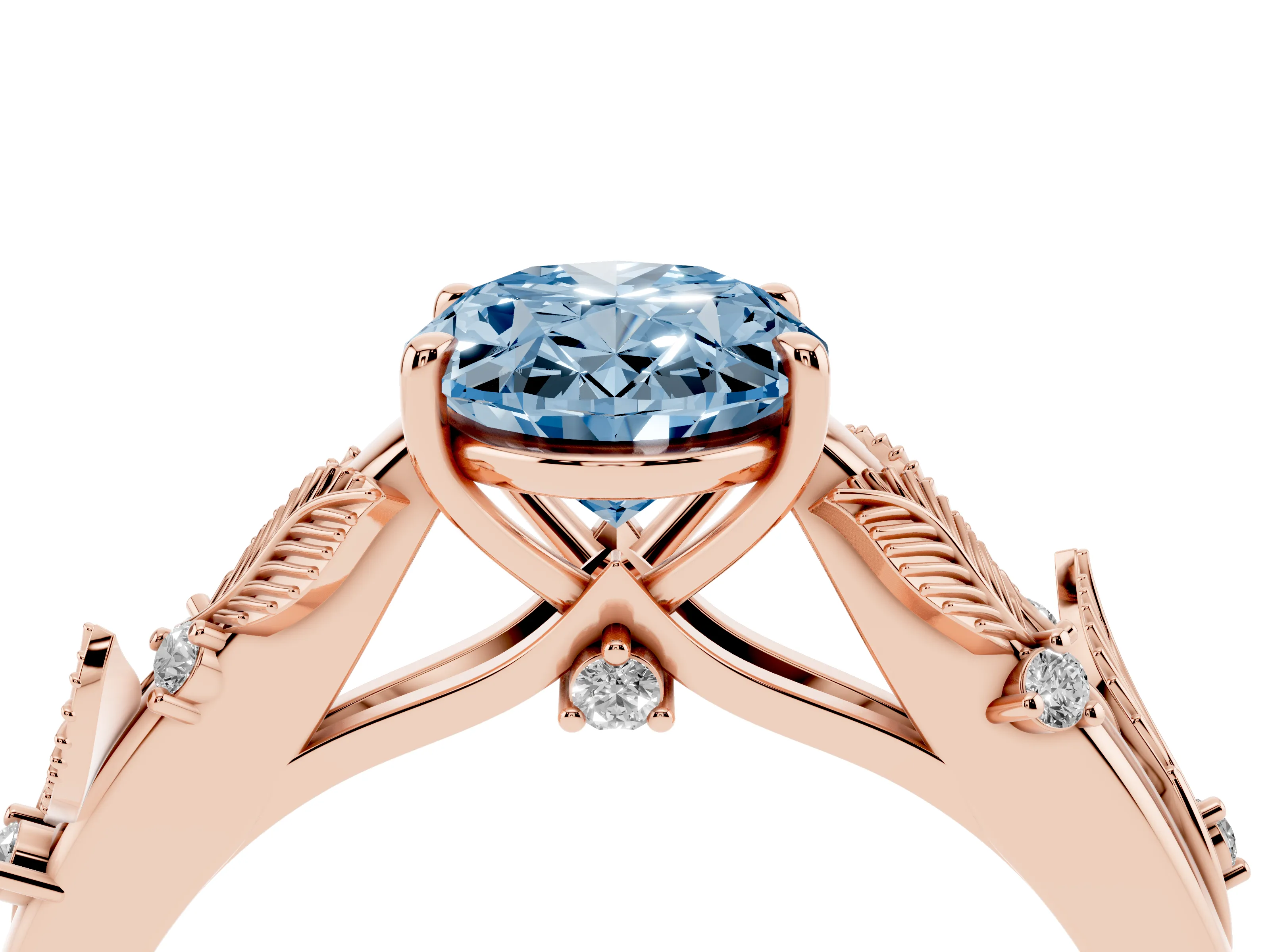 Fancy Blue Oval Cut Diamond Solitaire Ring Set in Rose gold with Leaf Motif Band