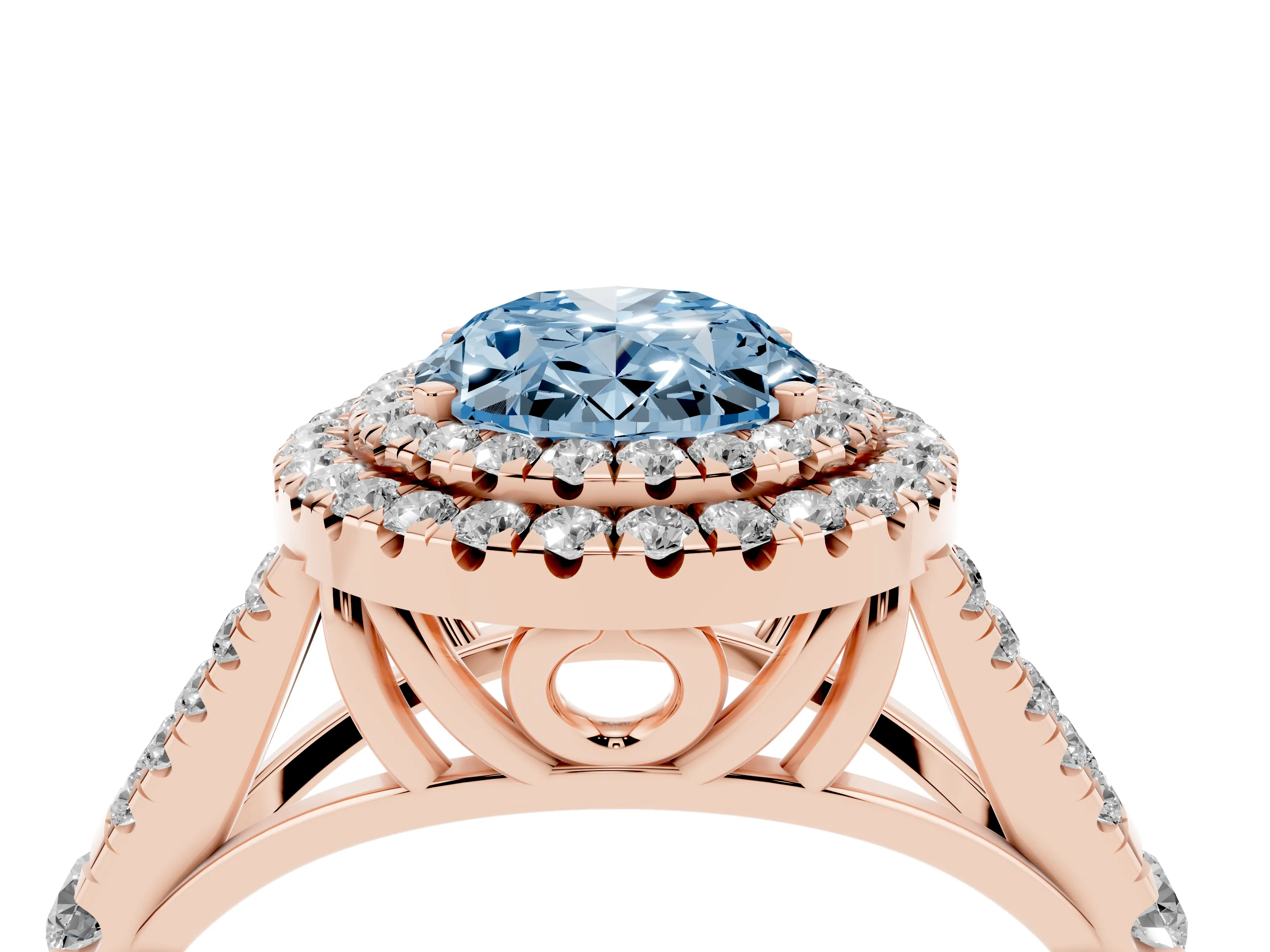 Fancy Blue Oval Cut Diamond Pavé Split Shank Double Halo Engagement Ring Set in Rose gold