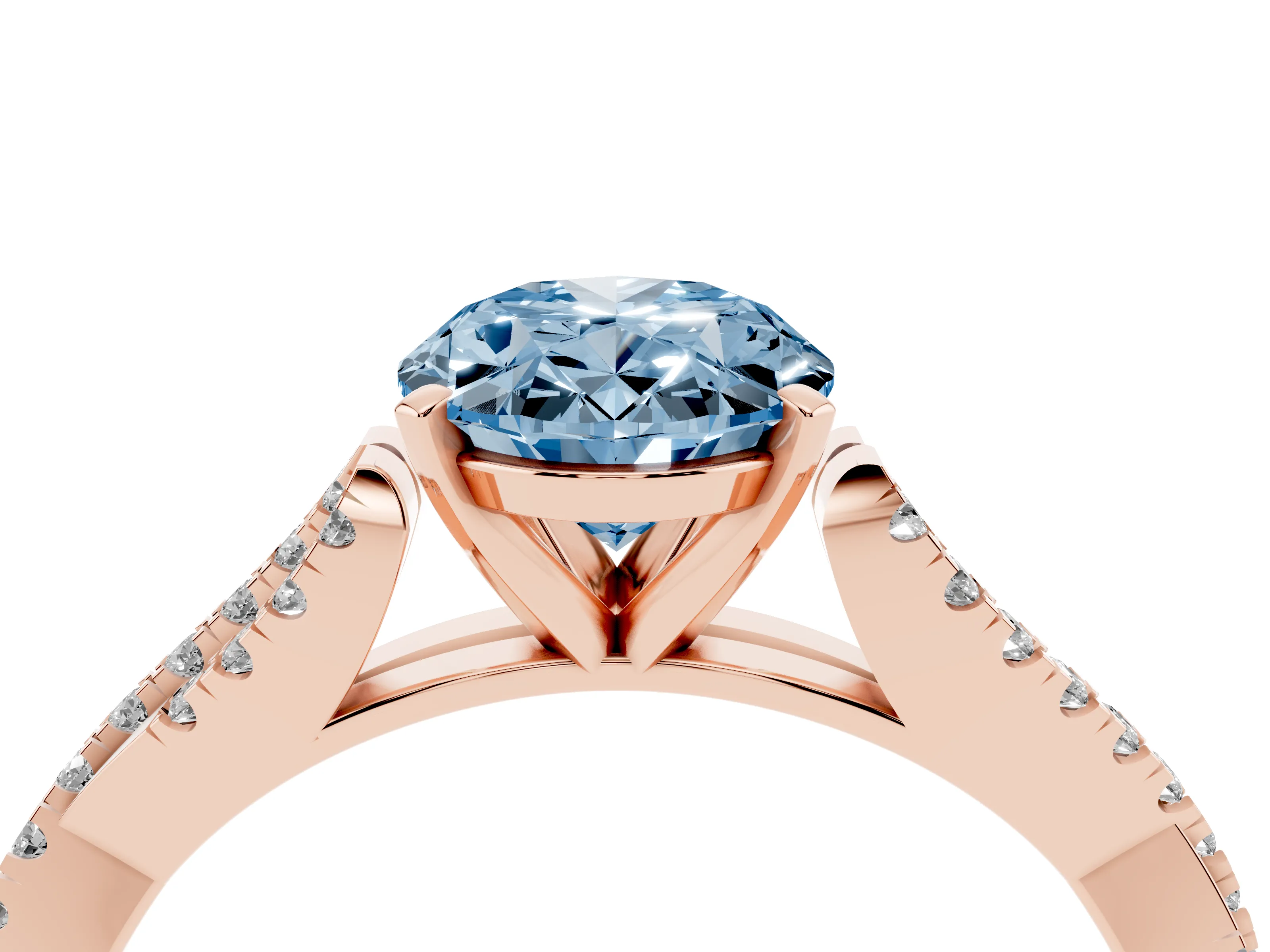 Fancy Blue Oval Cut Diamond Solitaire Engagement Ring Set in Rose gold with Twisted Pavé Band and Prong Setting
