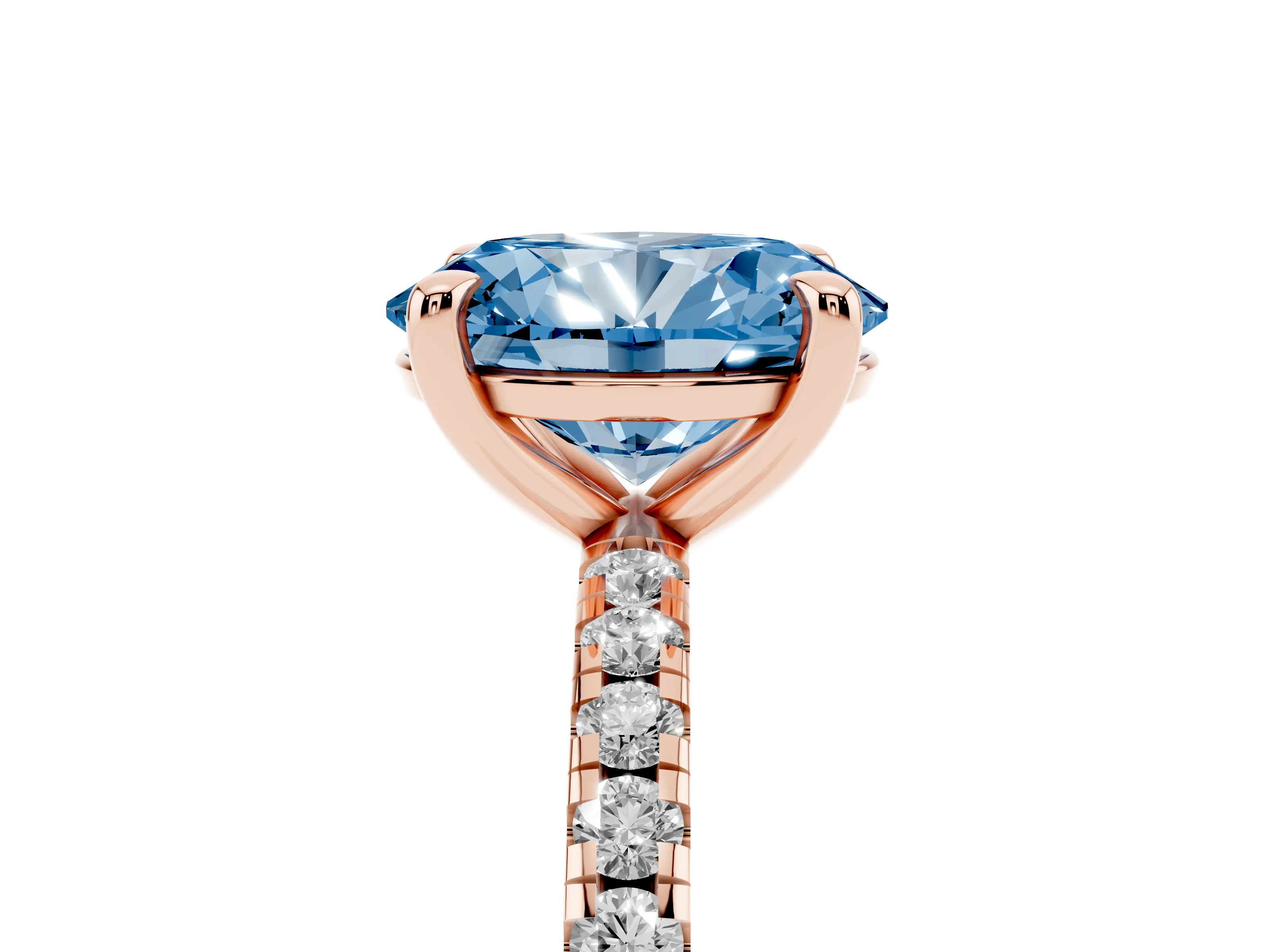 Fancy Blue Oval Cut Diamond Brilliant Solitaire Ring Set in Rose gold with Pavé Band and Prong Setting