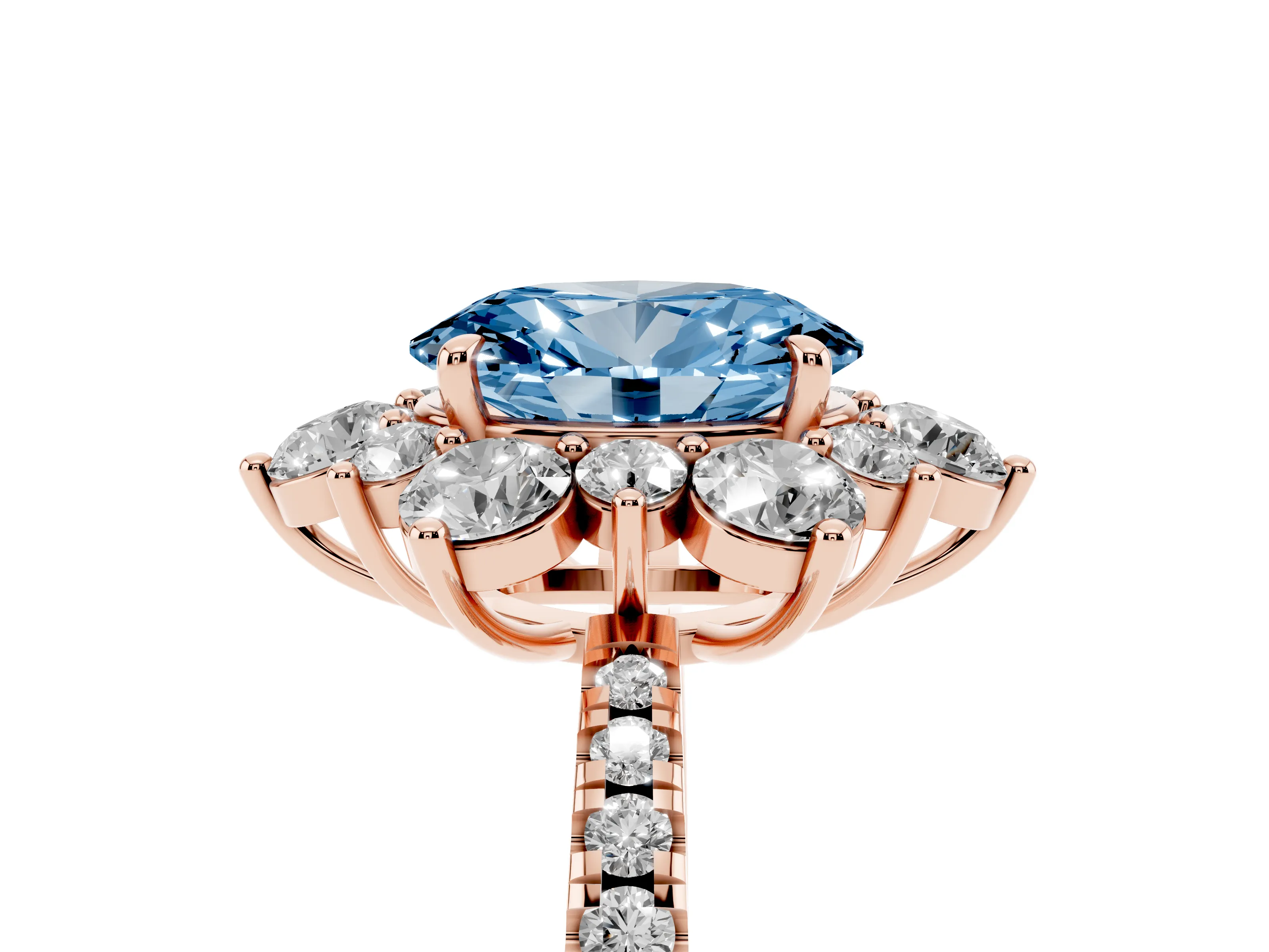 Fancy Blue Oval Cut Diamond Floral Halo Ring Set in Rose gold with Round Pavé Band and Prong Setting