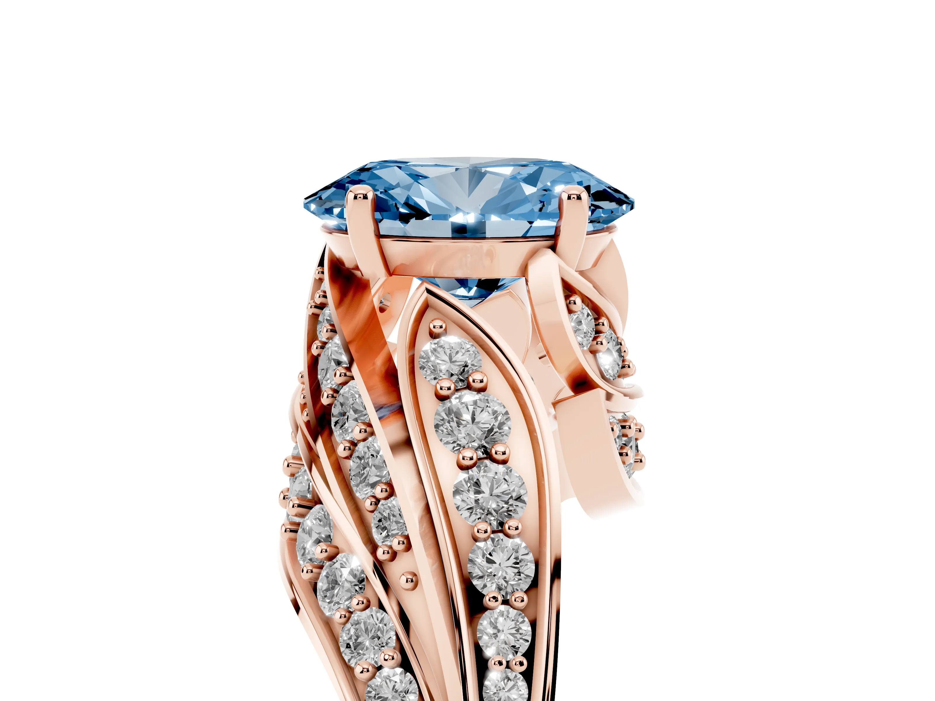 Fancy Blue Oval Cut Diamond Solitaire Ring Set in Rose gold with Layered Twist Pavé Band