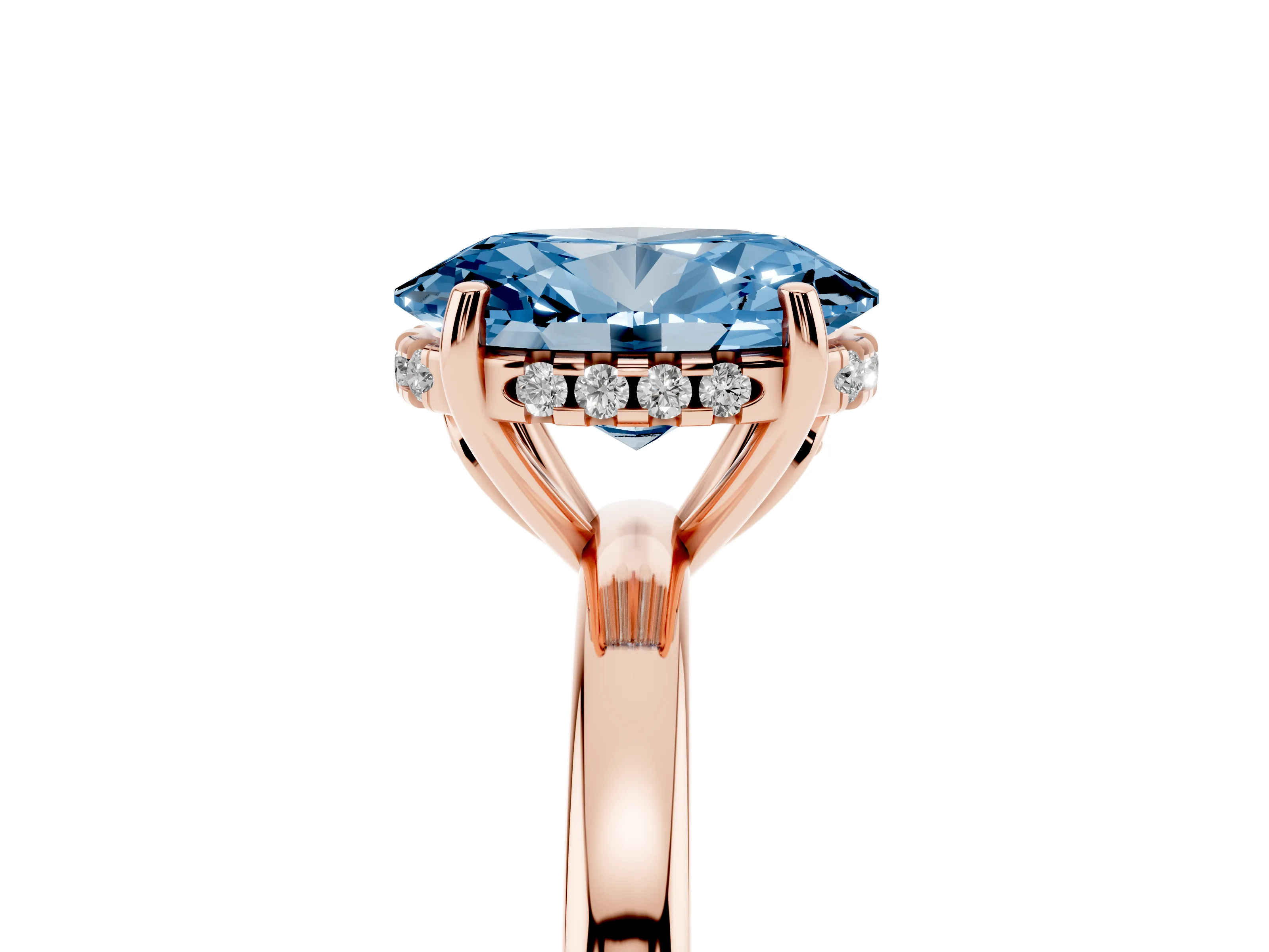 Fancy Blue Oval Cut Diamond Solitaire Ring Set in Rose gold with Plain Band and Prong Setting