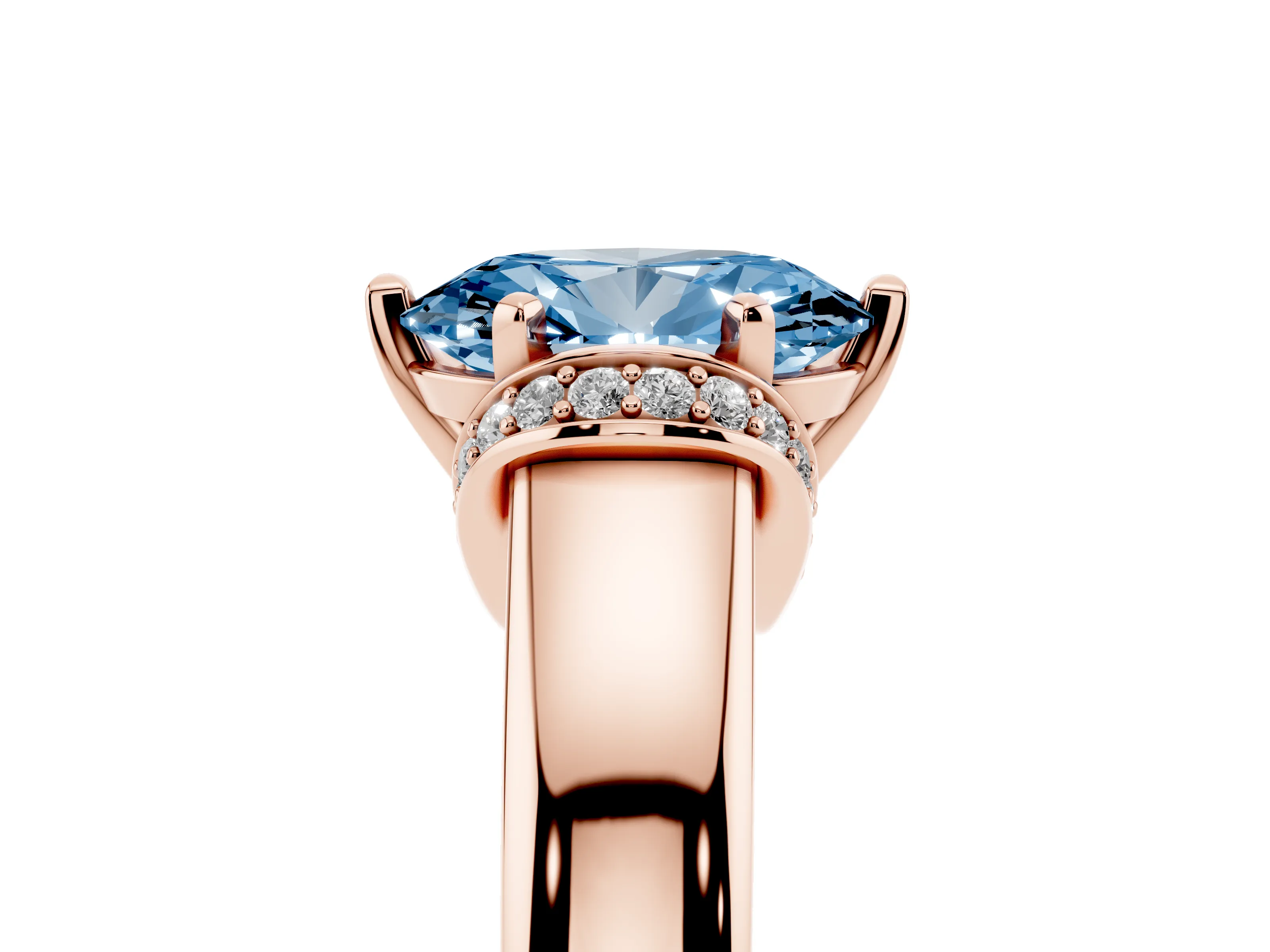 Fancy Blue Oval Cut Diamond Pavé Band Solitaire Ring Set in Rose gold with Prong Setting