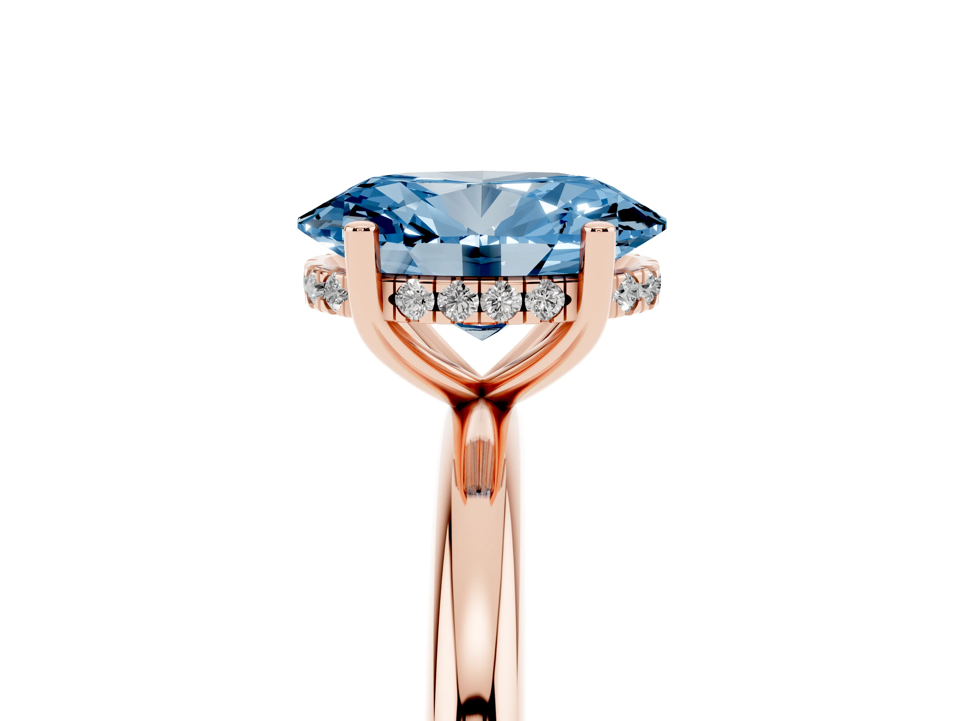 Fancy Blue Oval Cut Diamond Solitaire Engagement Ring Set in Rose gold with Prong Setting and Polished Band