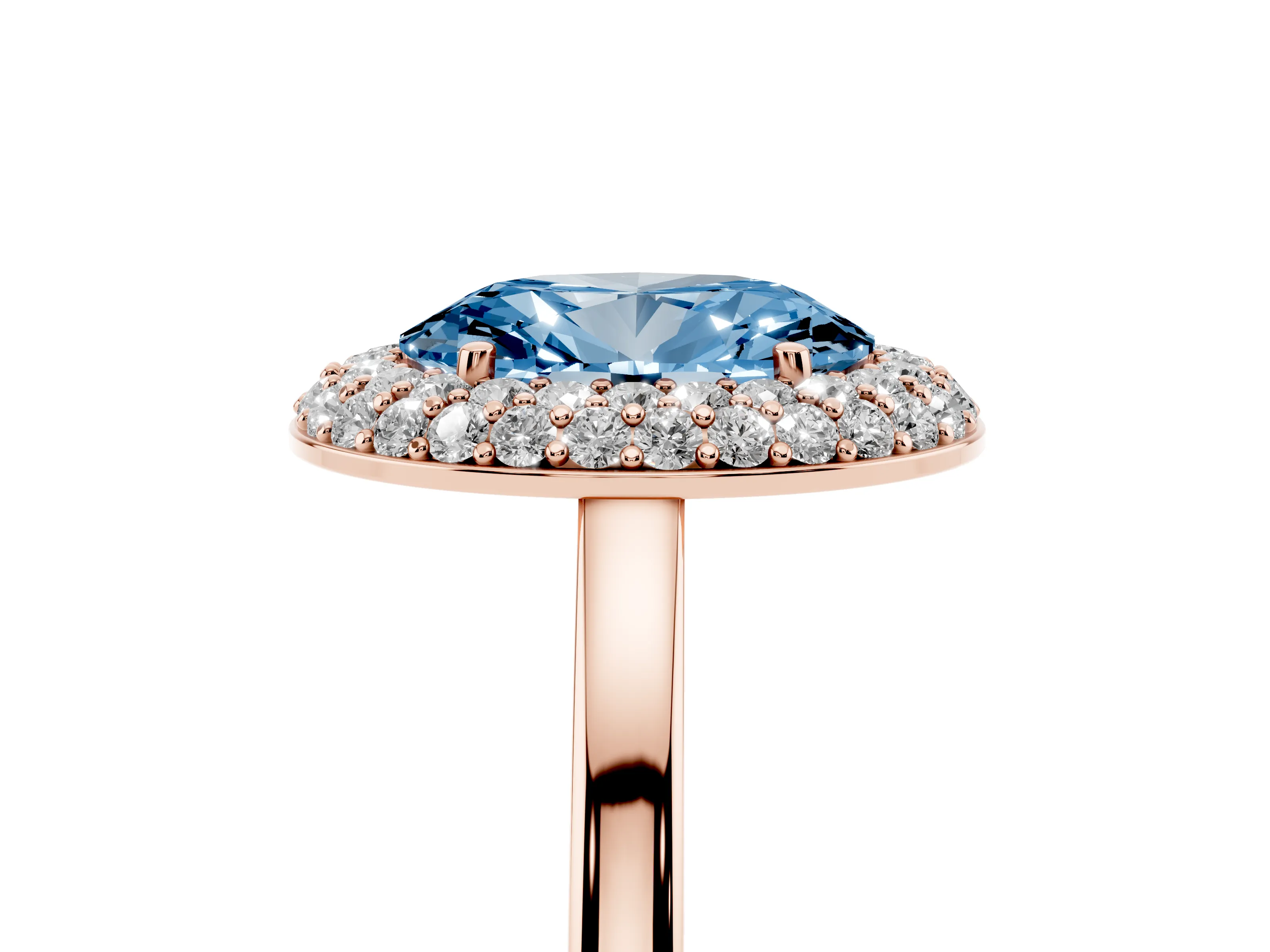 Fancy Blue Oval Cut Diamond Halo Engagement Ring Set in Rose gold with Solitaire Band and Prong Setting