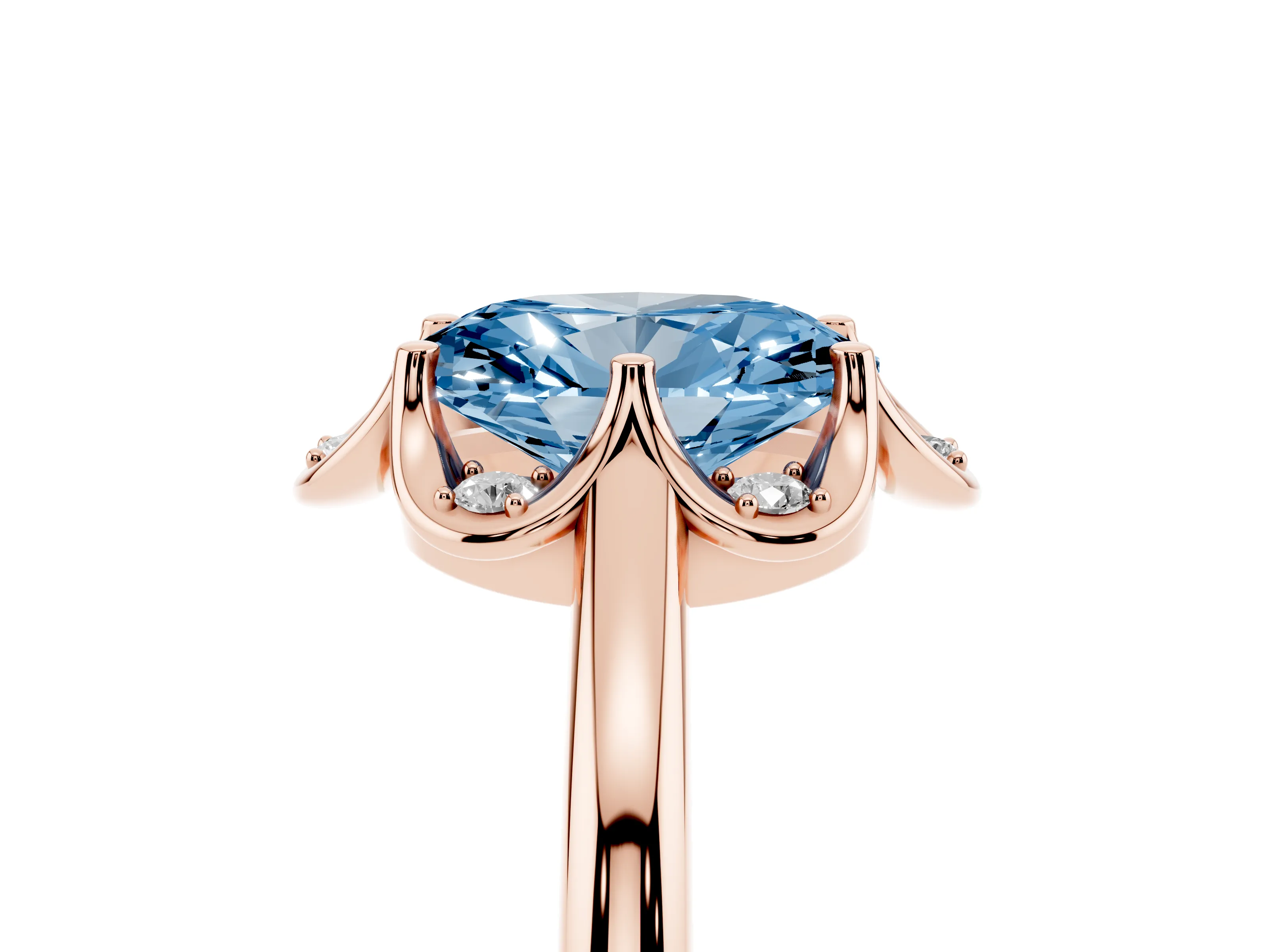Fancy Blue Oval Cut Diamond Round Cluster Halo Ring Set in Rose gold with Solitaire Band and Prong Setting