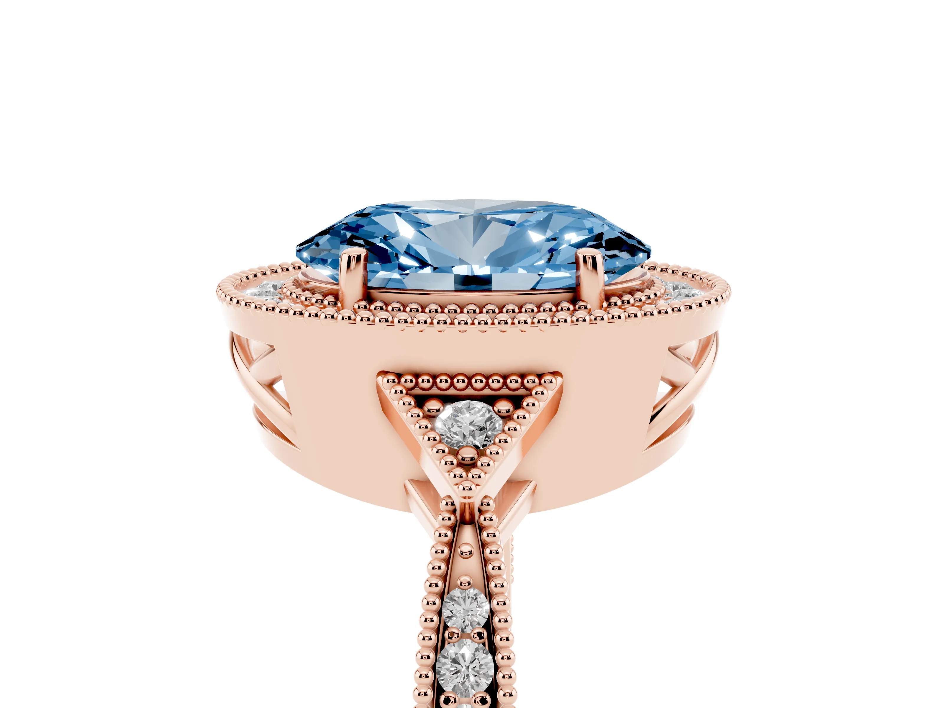Fancy Blue Oval Cut Diamond Halo Engagement Ring Set in Rose gold with Milgrain Pavé Band