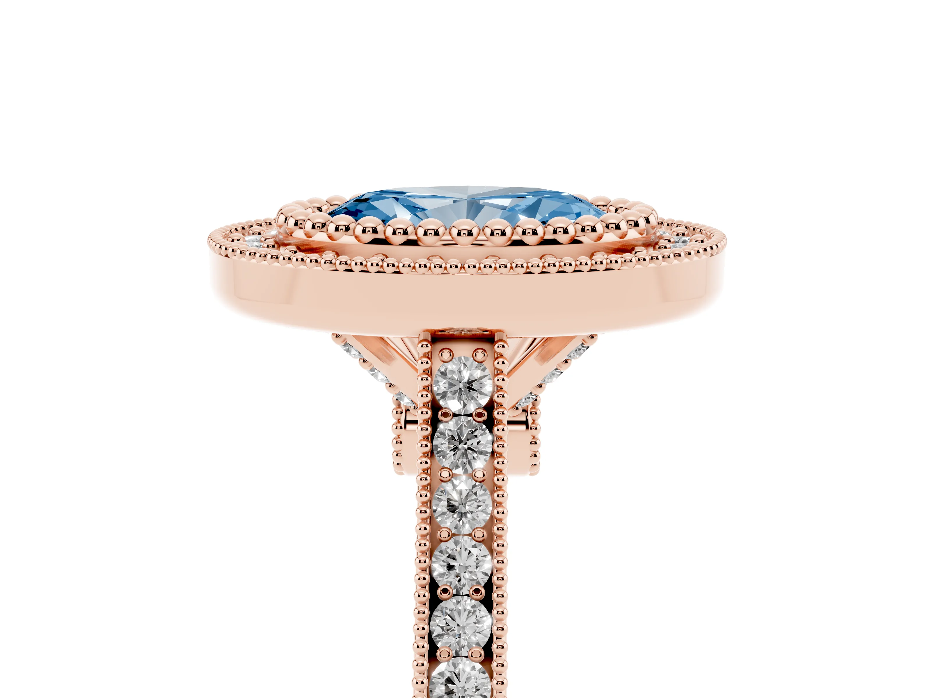 Fancy Blue Oval Cut Diamond Halo Ring Set in Rose gold with Milgrain Frame and Pavé Band